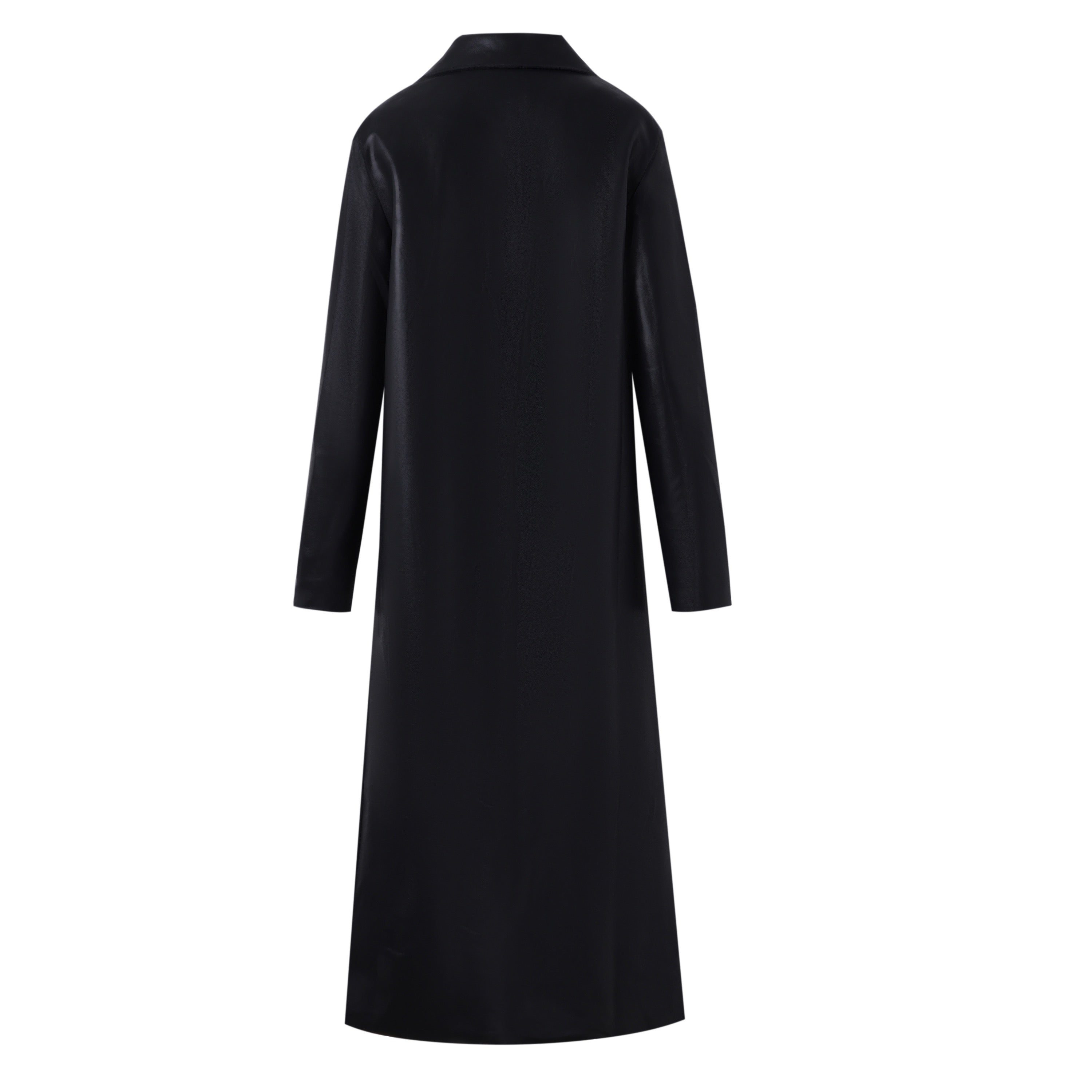 back of black vegan leather trench coat