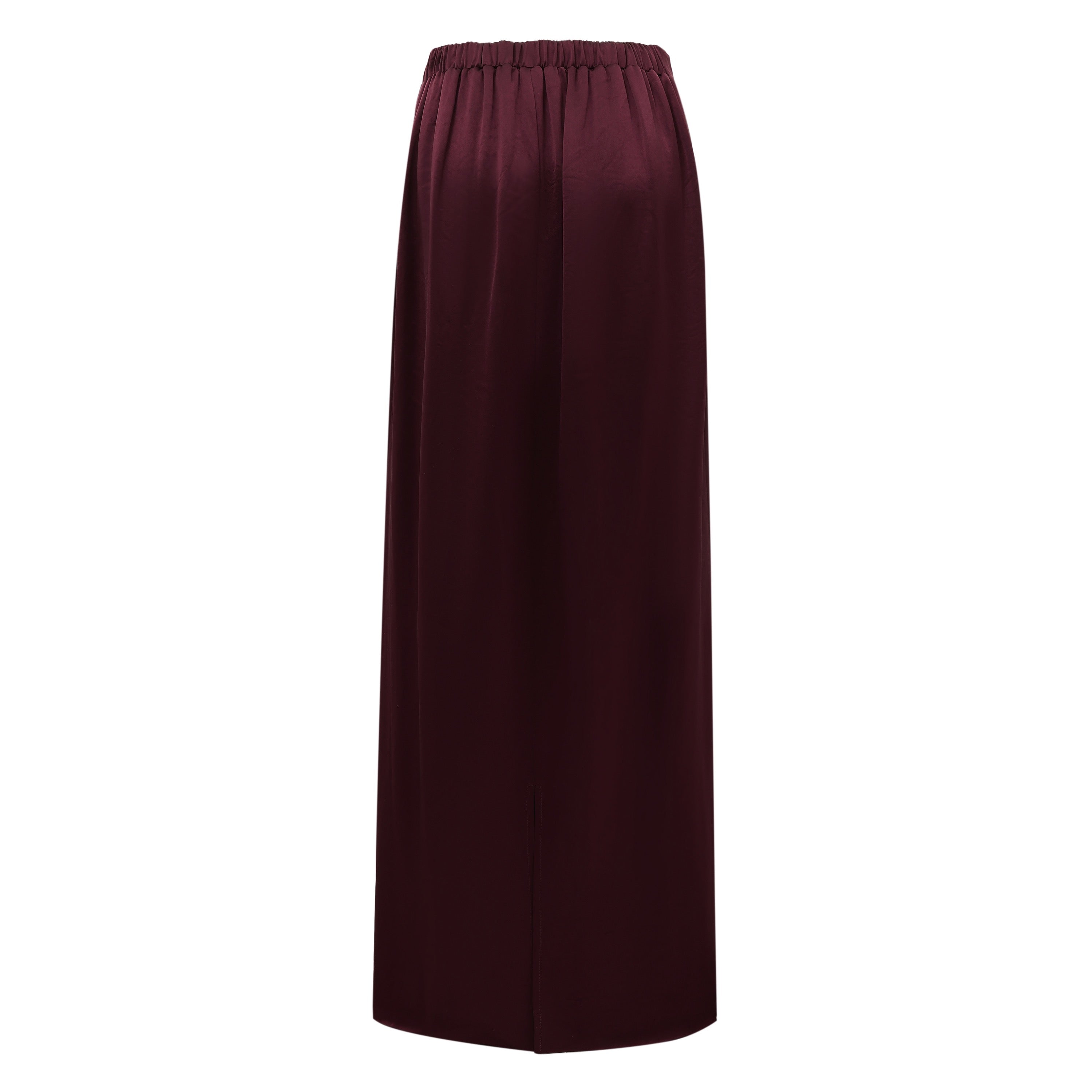back of cabernet satin maxi skirt on a white background