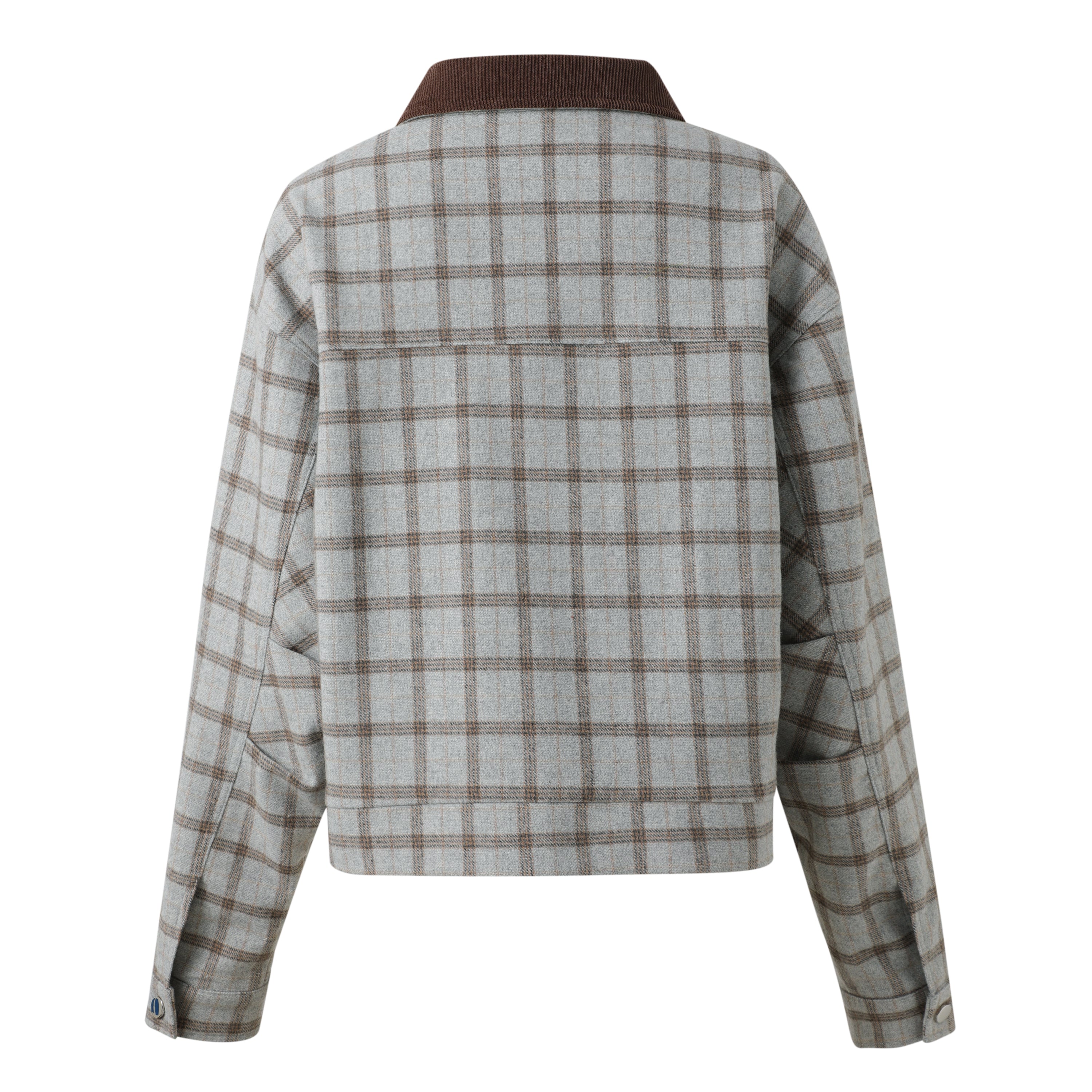 back of Plaid crop jacket with brown collar on a white background