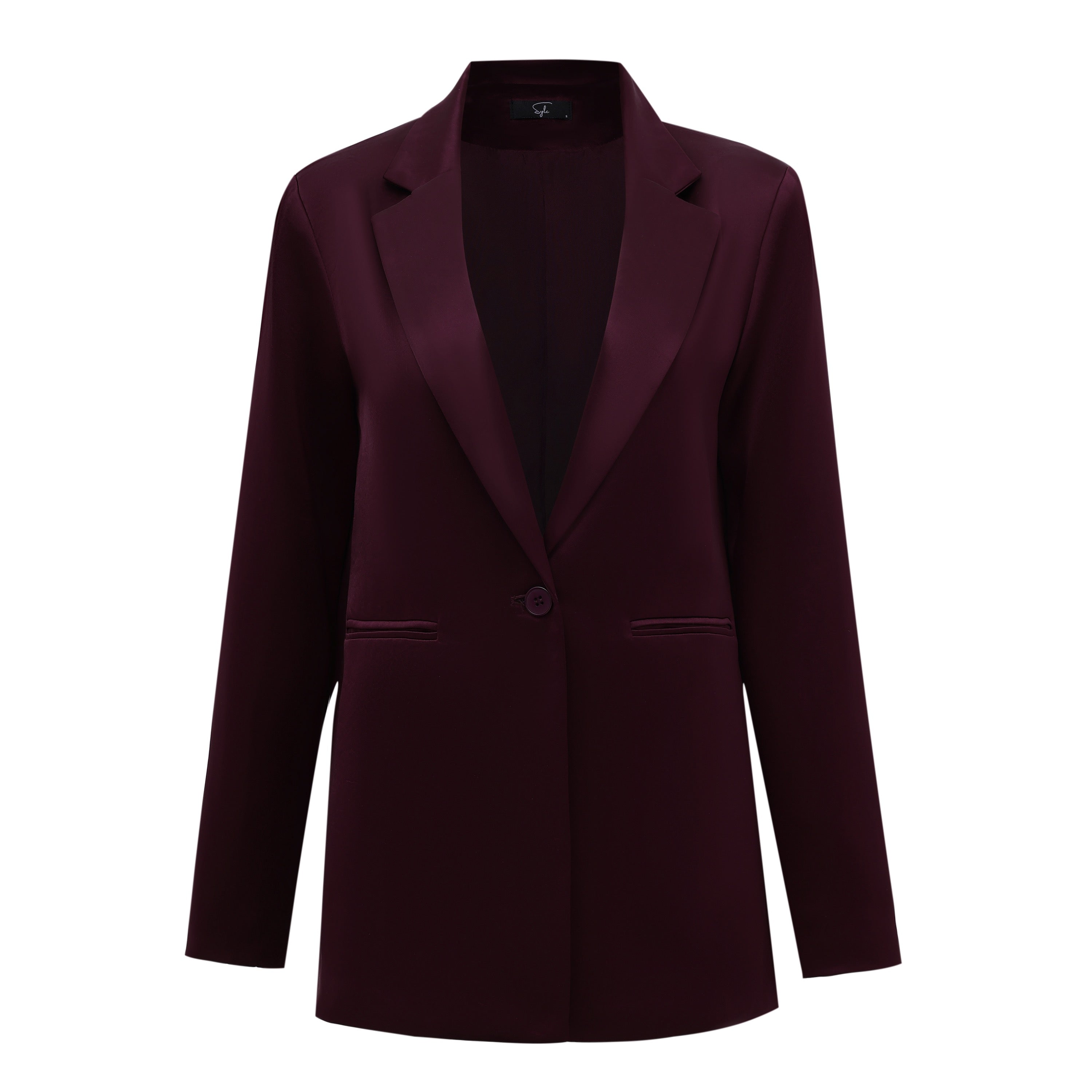 Cabernet satin blazer on a white background
