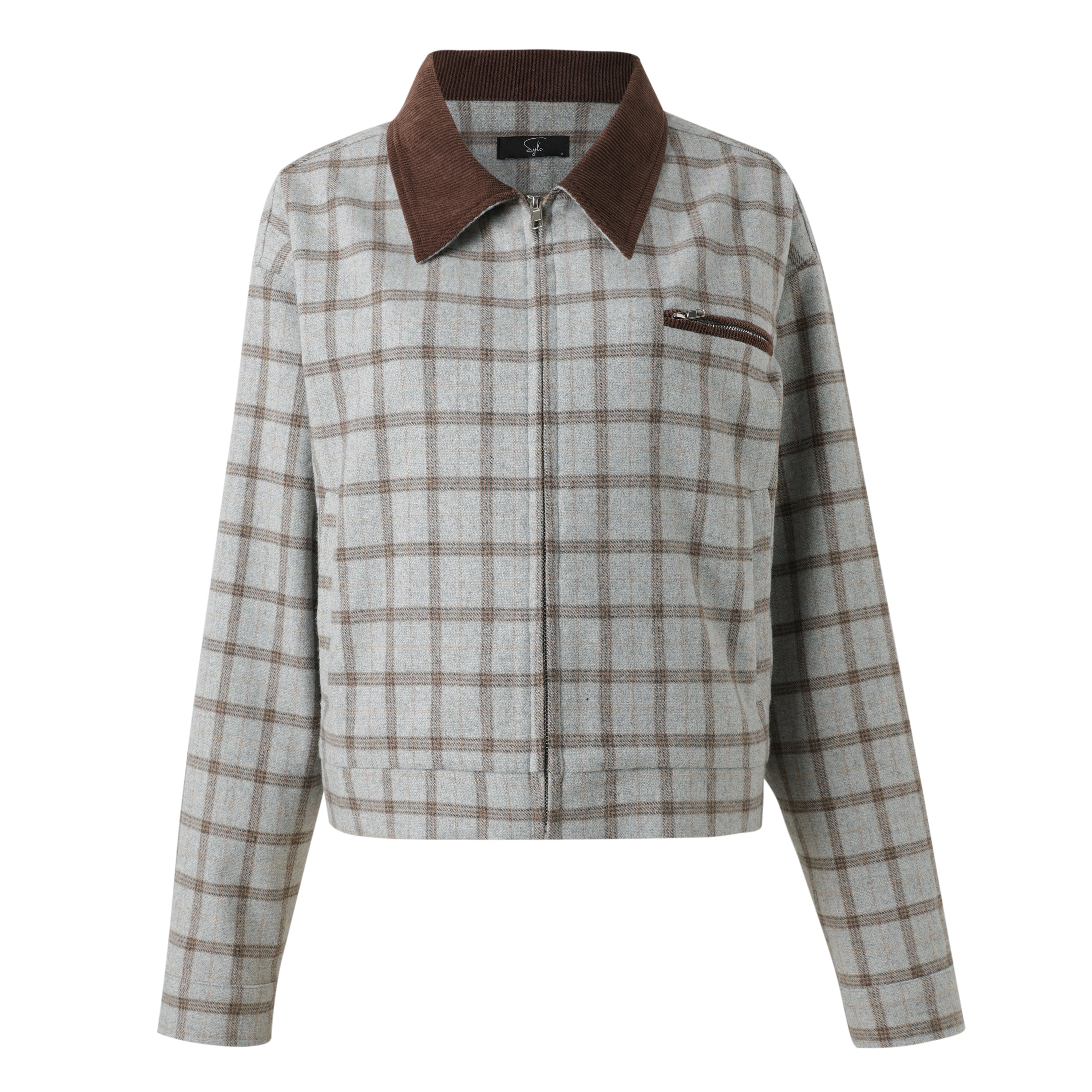 Plaid crop jacket with brown corduroy collar on a white background