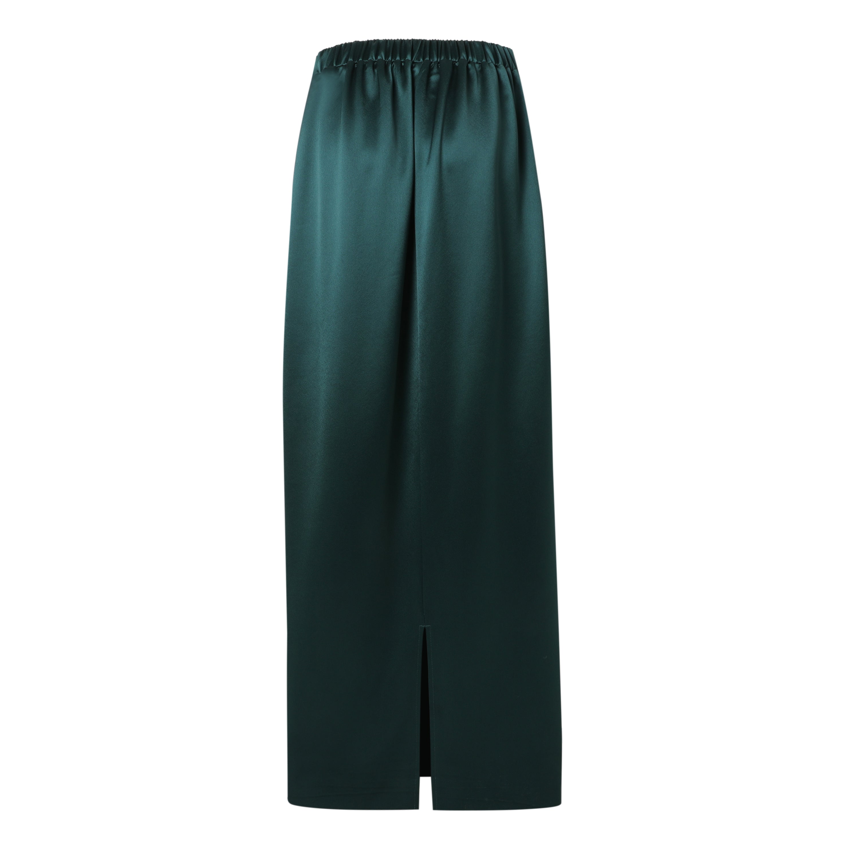 Back of Deep green satin skirt on a white background