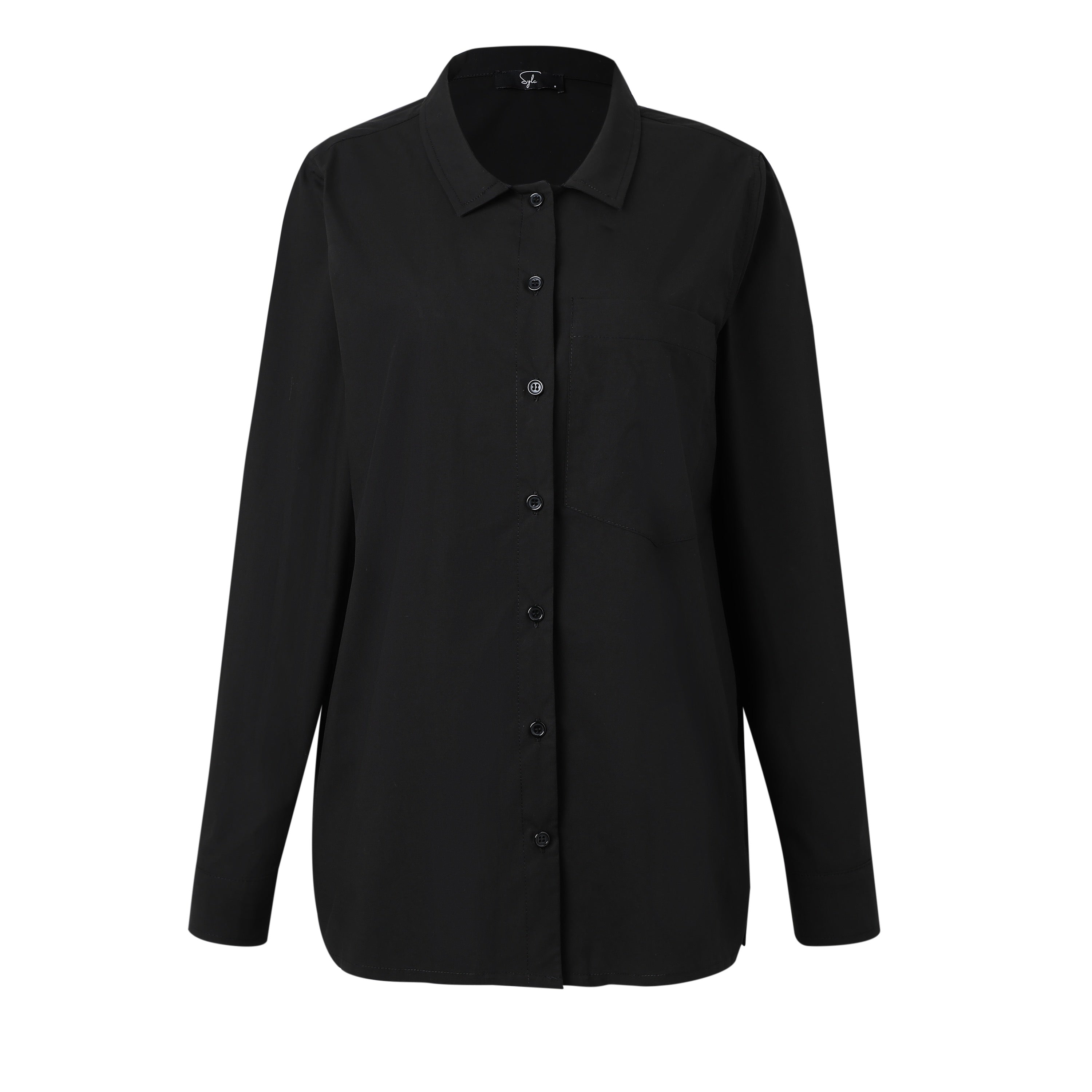 Black Poplin Long Sleeve Button Down