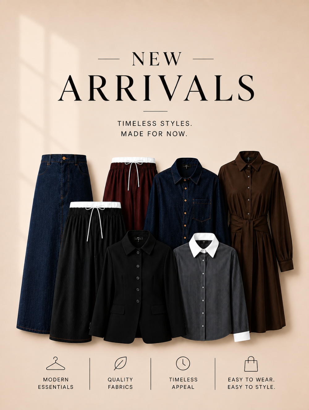 A promotional banner for 'New Arrivals' showcasing six different women's clothing items, including jeans, skirts, shirts, and dresses in various colors like navy, black, brown, and gray. The background is a soft beige with a warm shadow on the left, and the text at the bottom highlights key selling points such as 'Modern Essentials', 'Quality Fabrics', 'Timeless Appeal', and 'Easy to Wear.