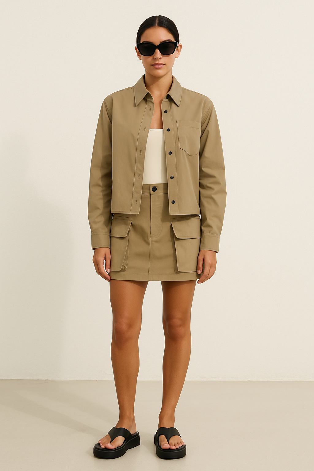 women's khaki nylon snap button down