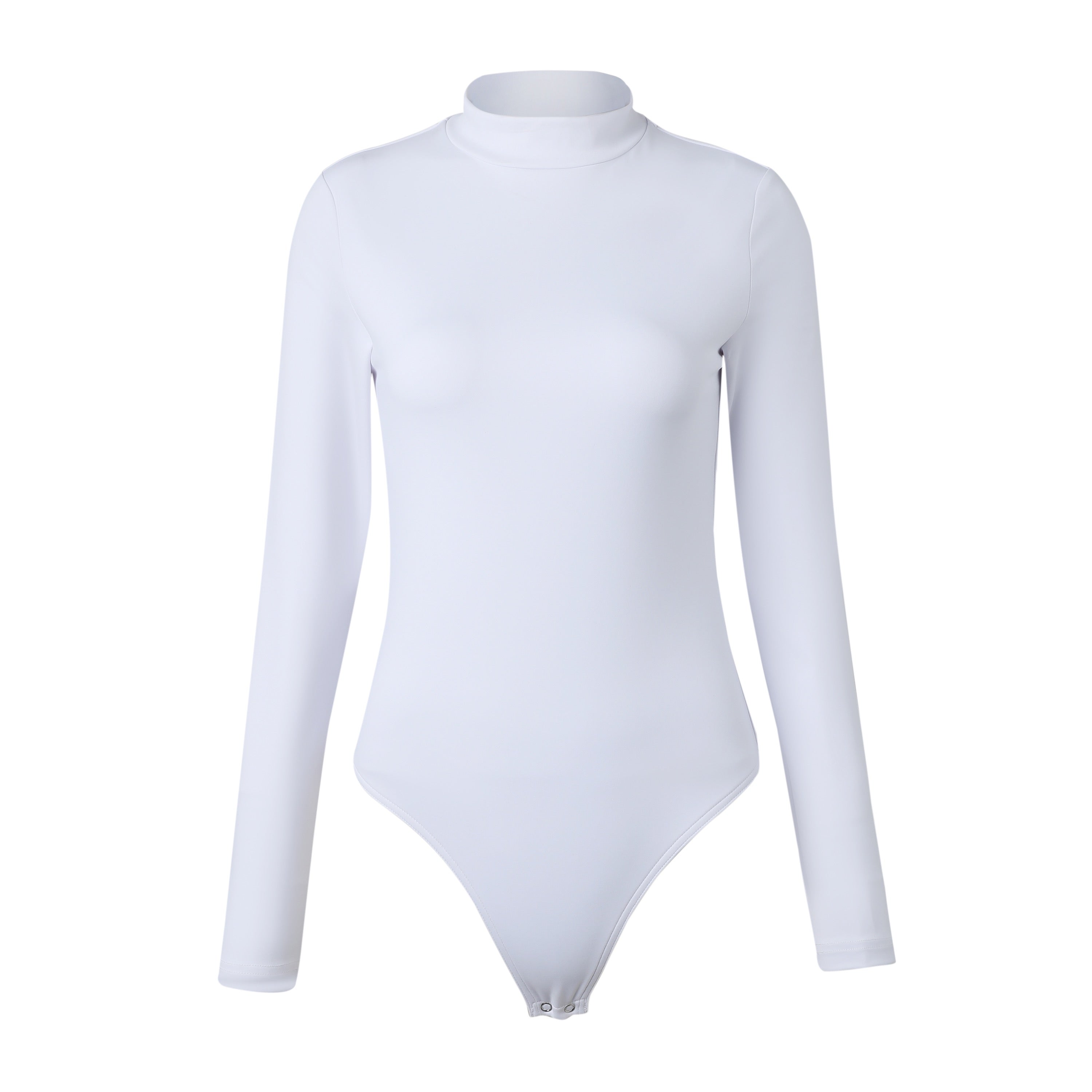A white long sleeve bodysuit with a mock neckline.