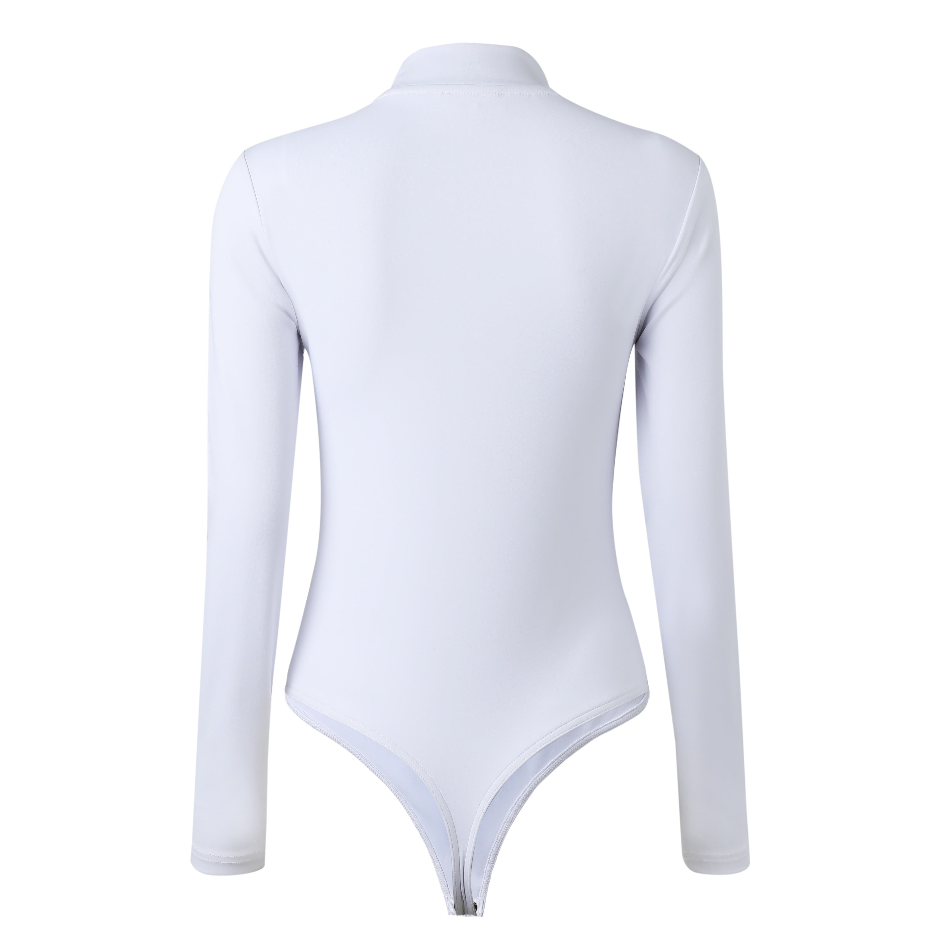 back of a white contour mock neck bodysuit on a white background