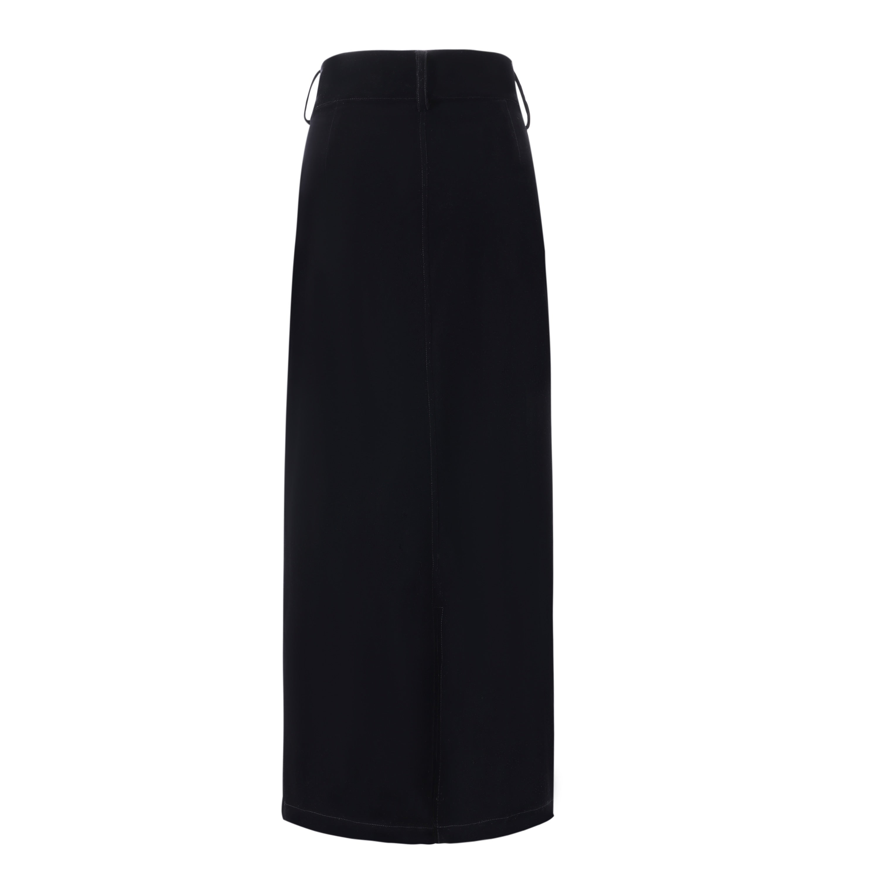 back of a black velvet maxi skirt on a white background