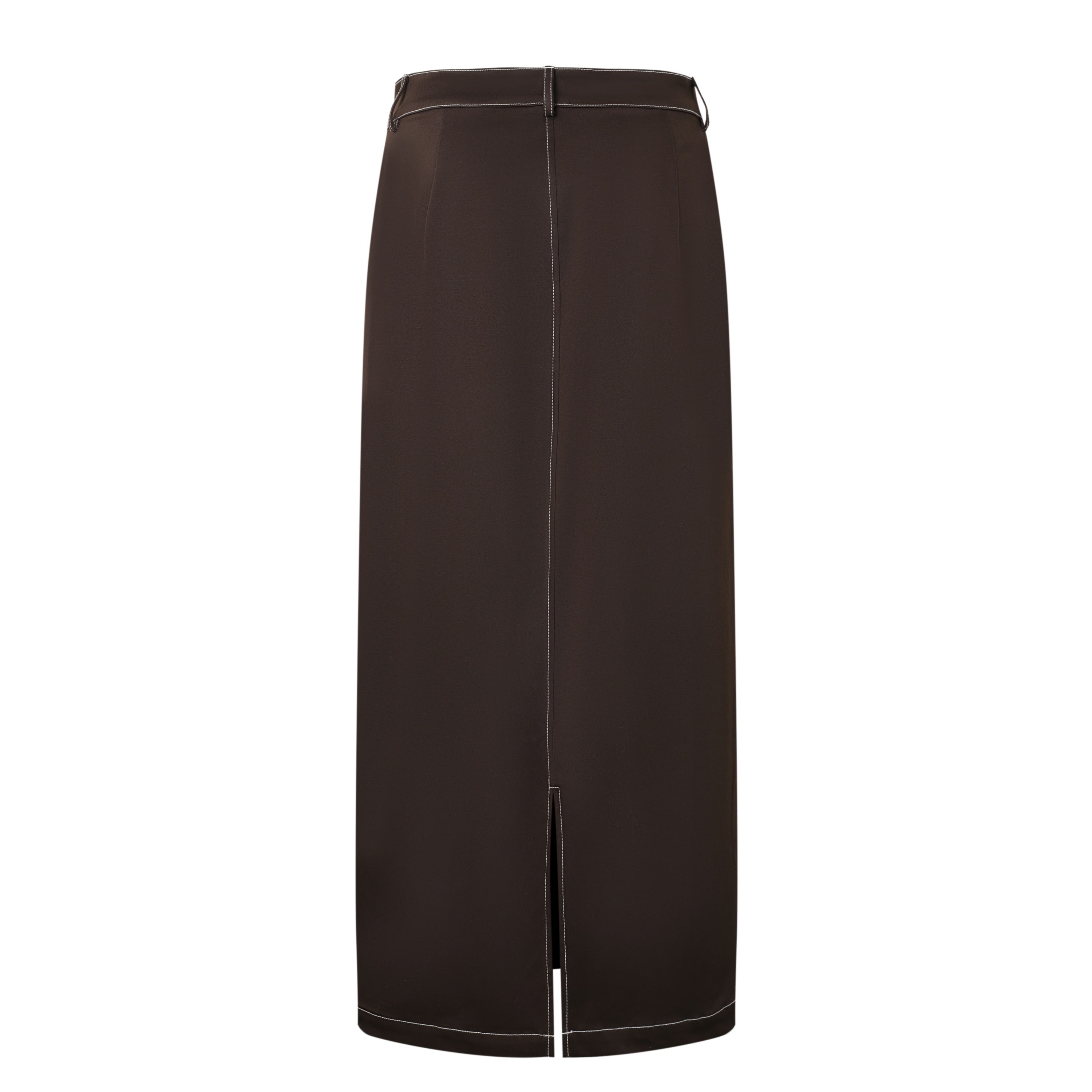 back of a Brown stitching maxi skirt on a white background