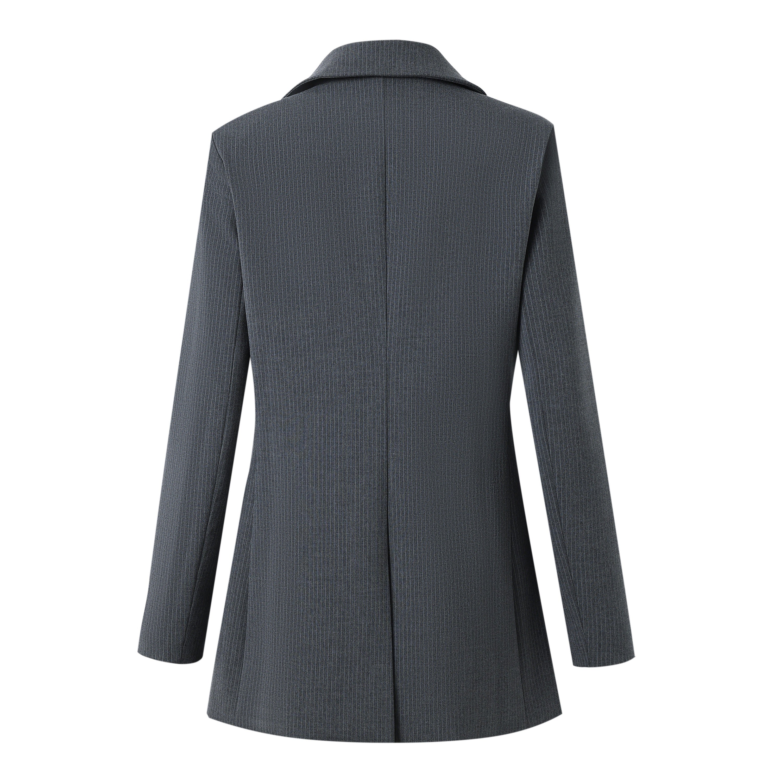 back of a grey pinstripe double-breasted blazer