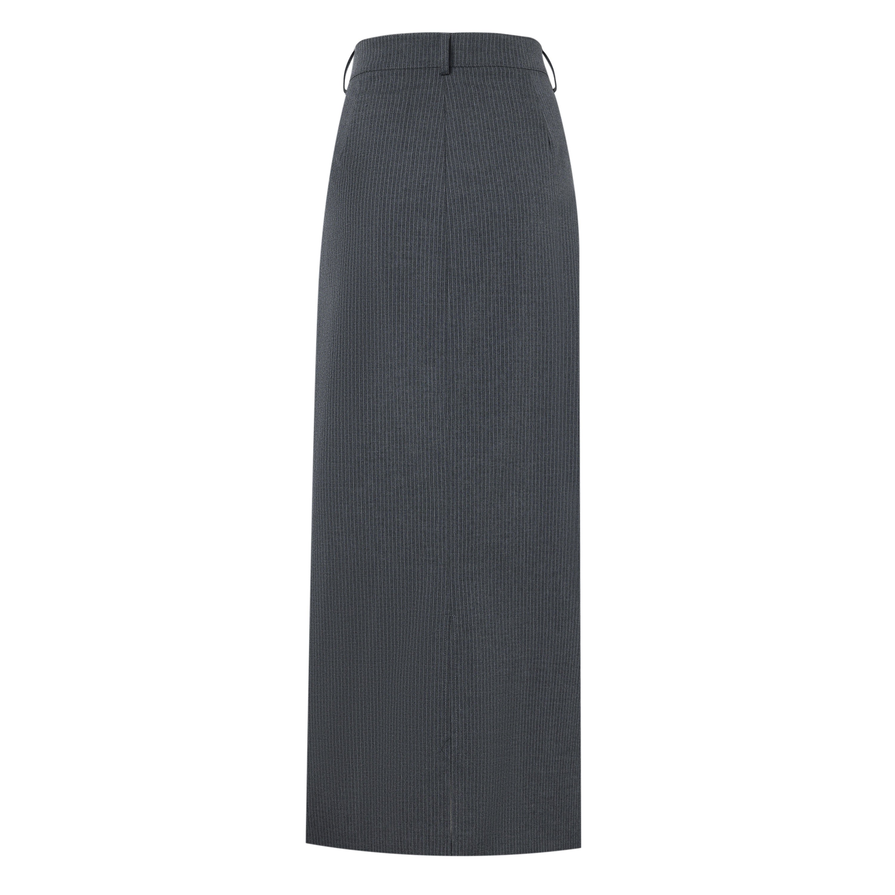 back of a gray pinstripe maxi skirt
