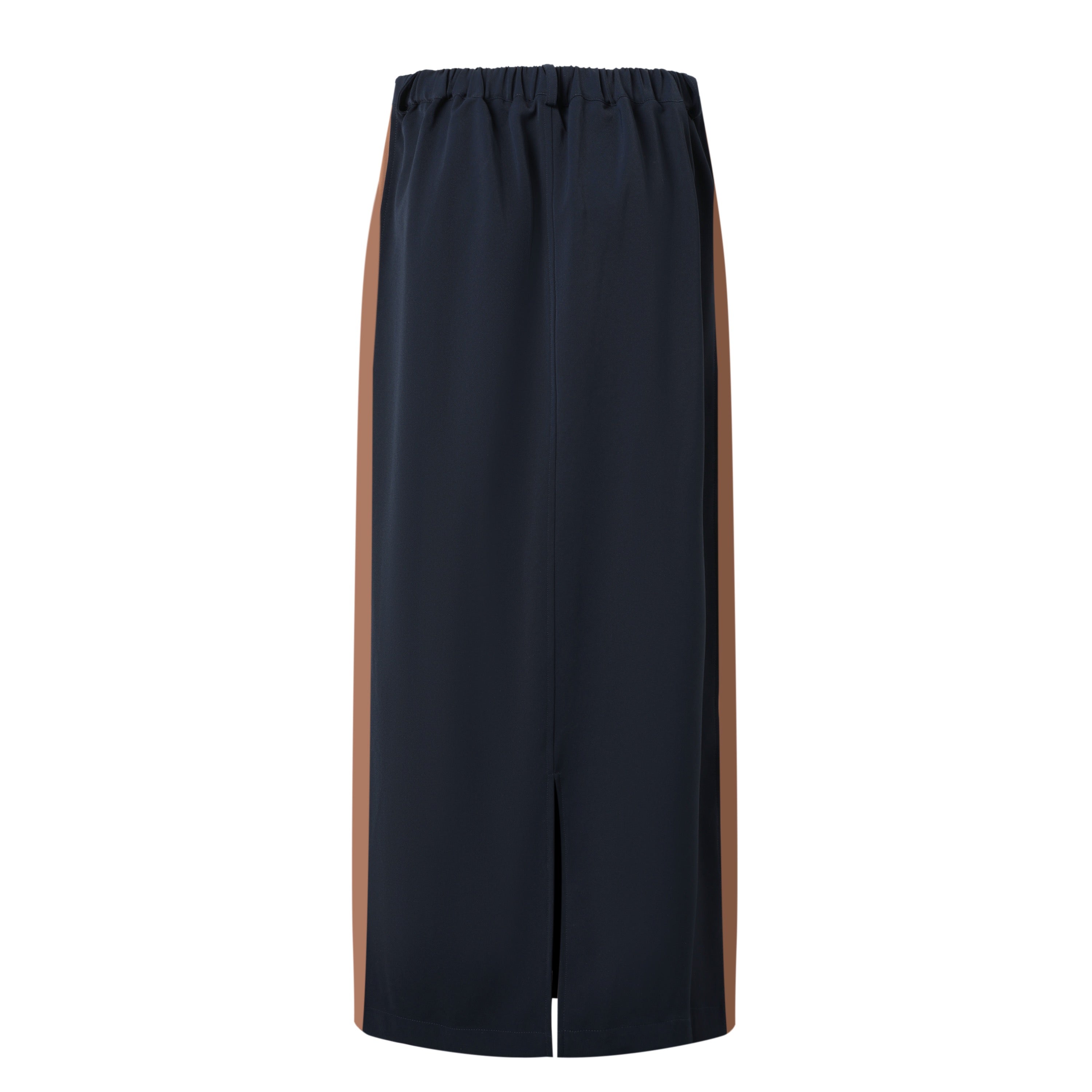 back of a navy maxi skirt on a white background