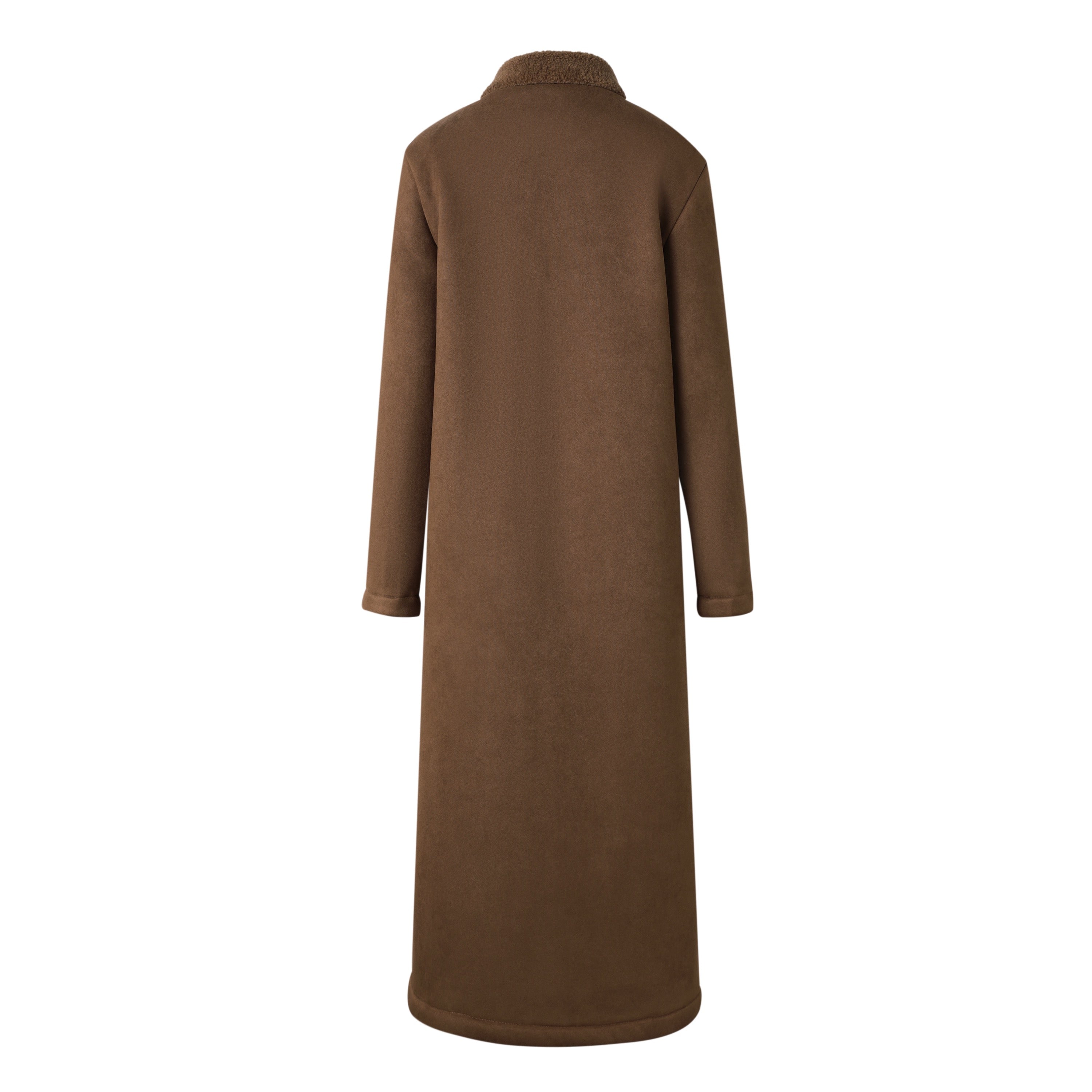 back of a brown suede women's shearling trench coat