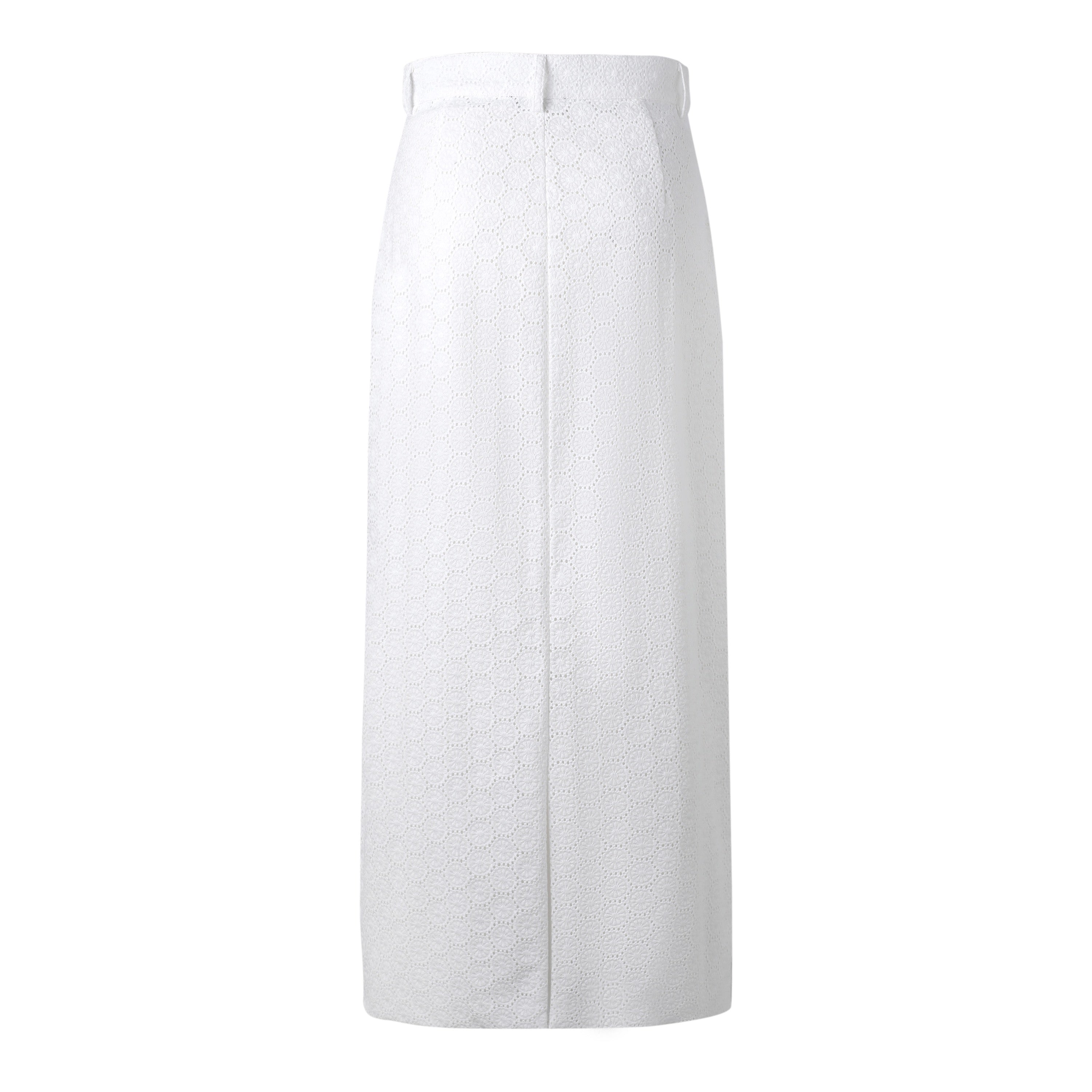 back of a white eyelet maxi skirt on a white background
