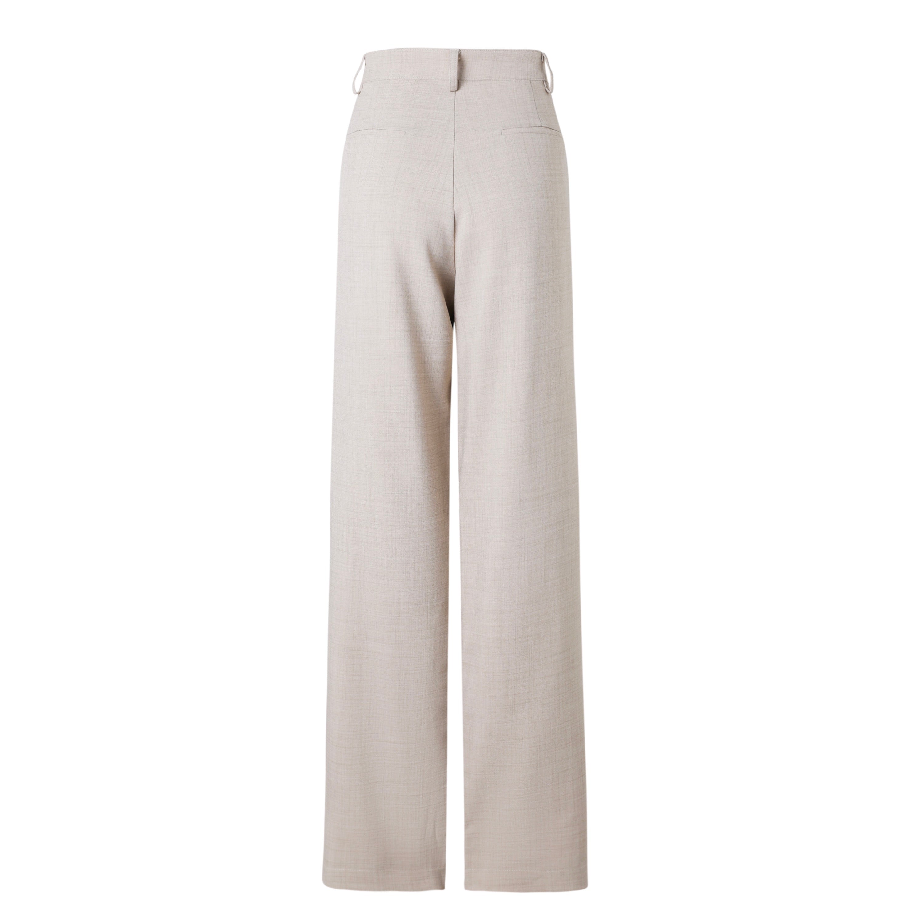 back of a pair of beige linen trousers with a modern fit, displayed against a plain background.