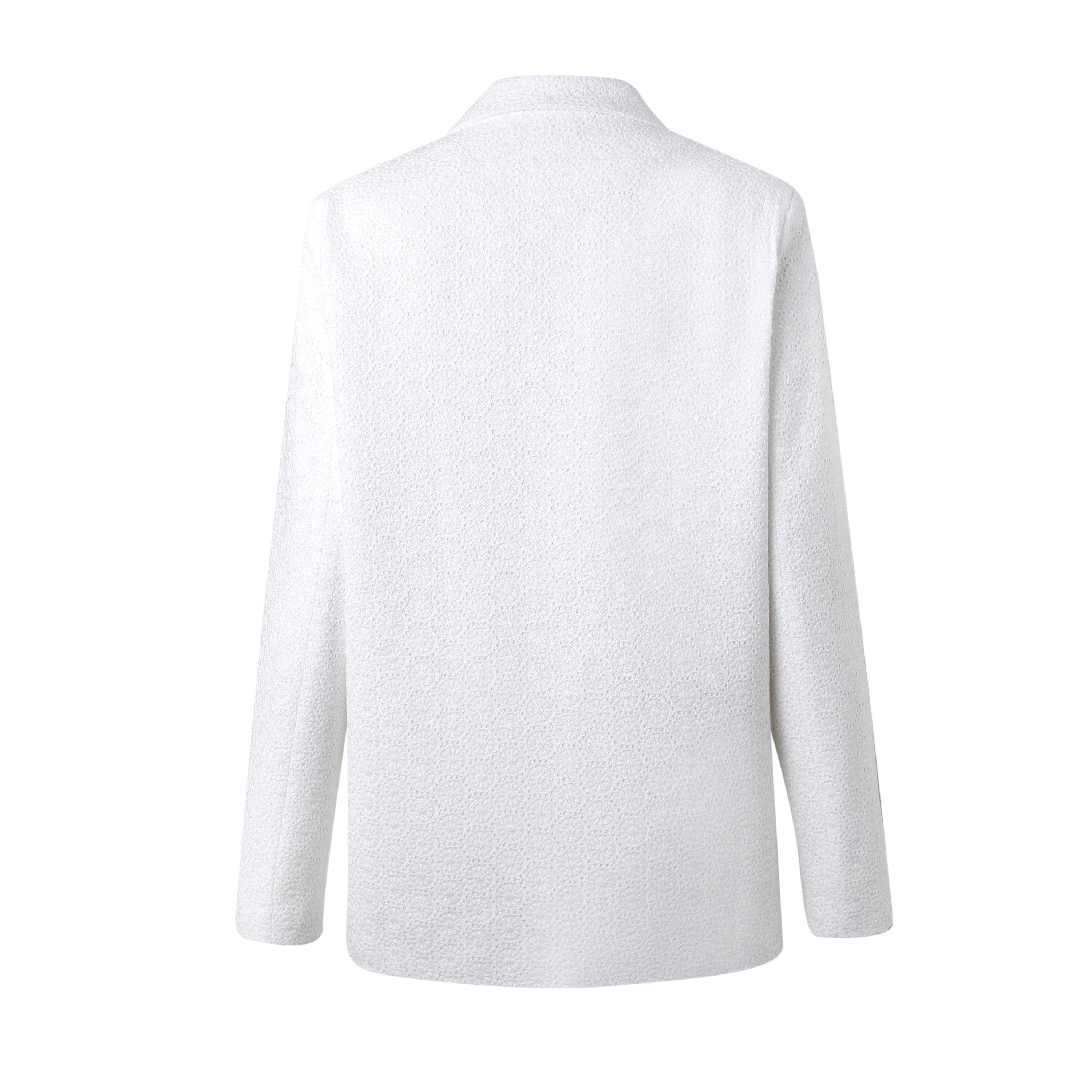 back of a white eyelet blazer with long sleeves, tailored fit, and a collar.