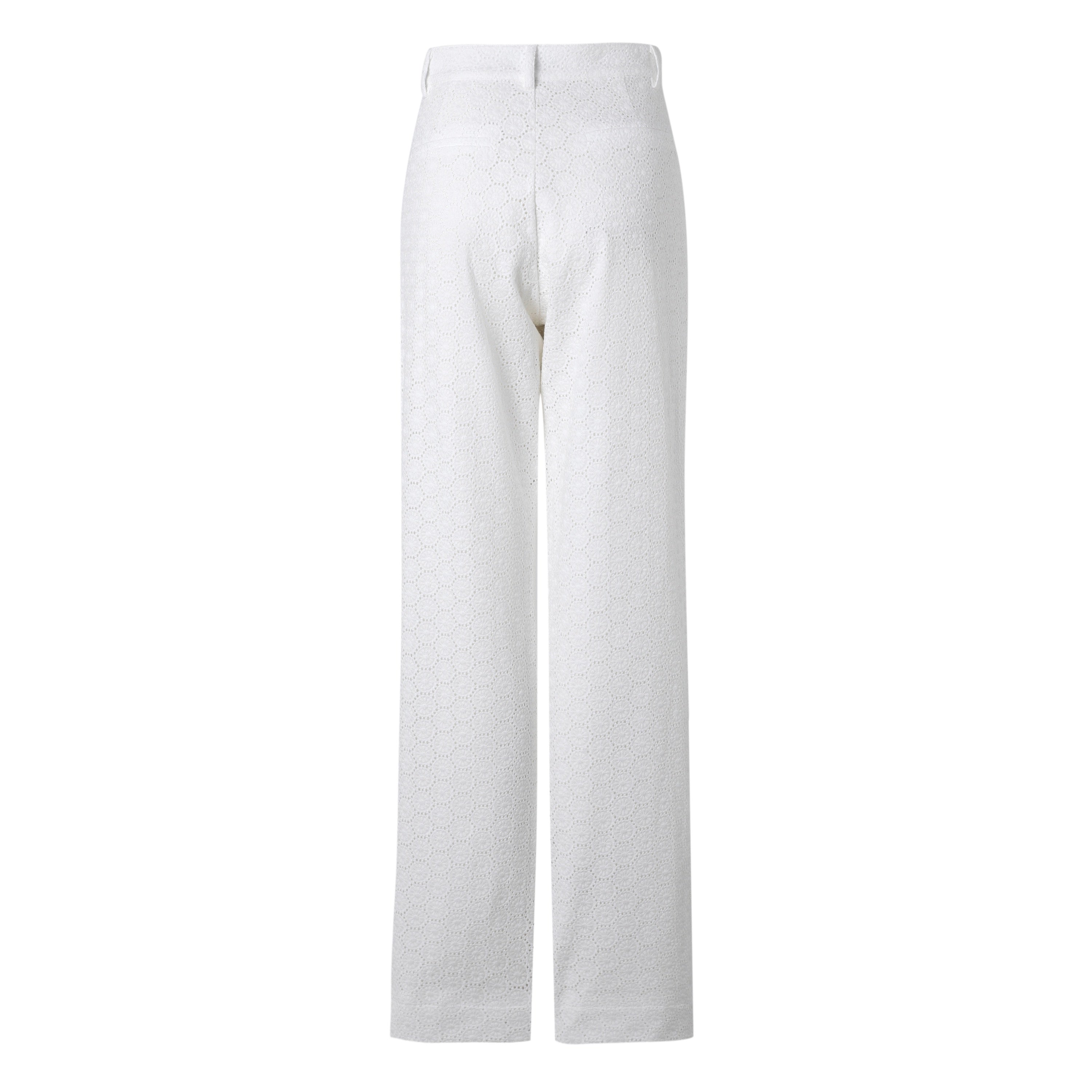 back of a women's white eyelet trousers on a white background