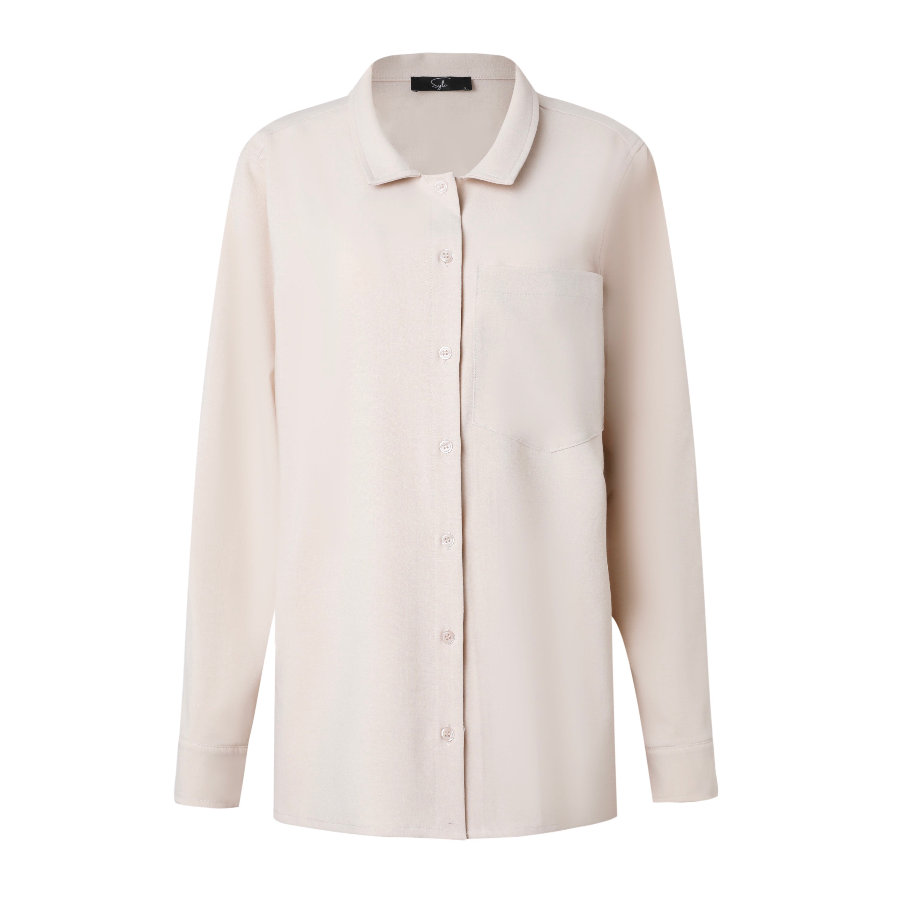 women's beige long sleeve button down with chest pocket on a white background