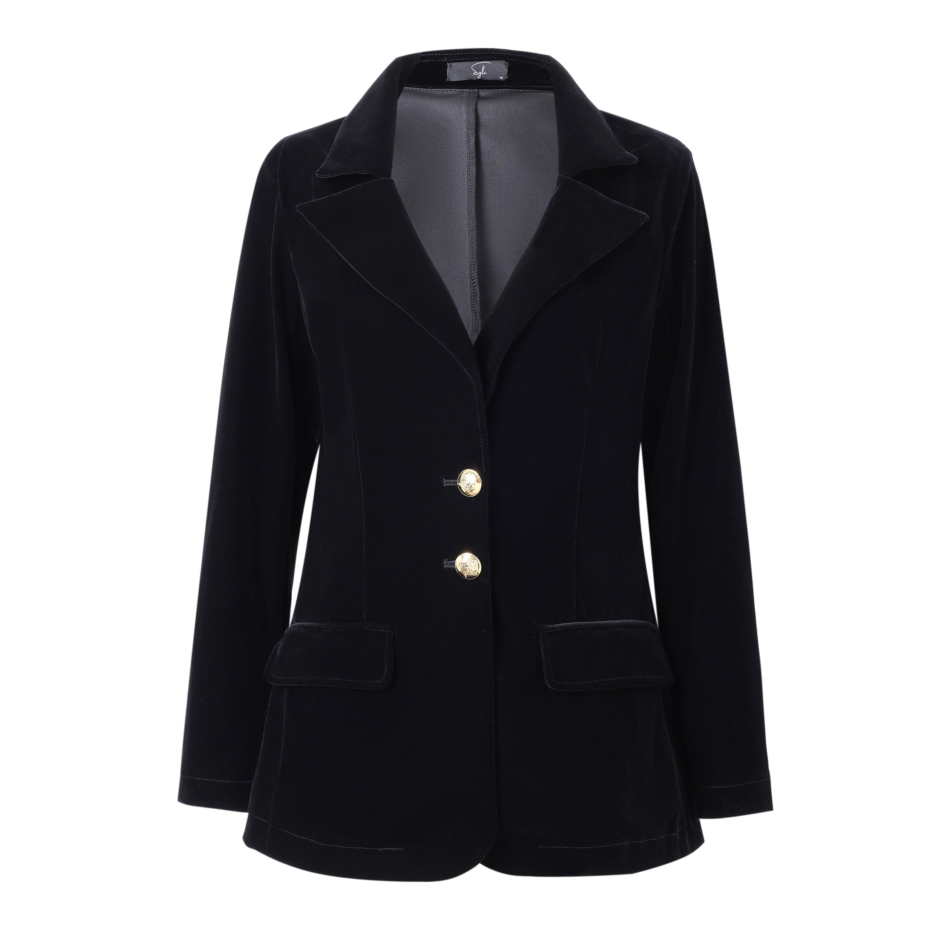 women's black velvet blazer on a white background