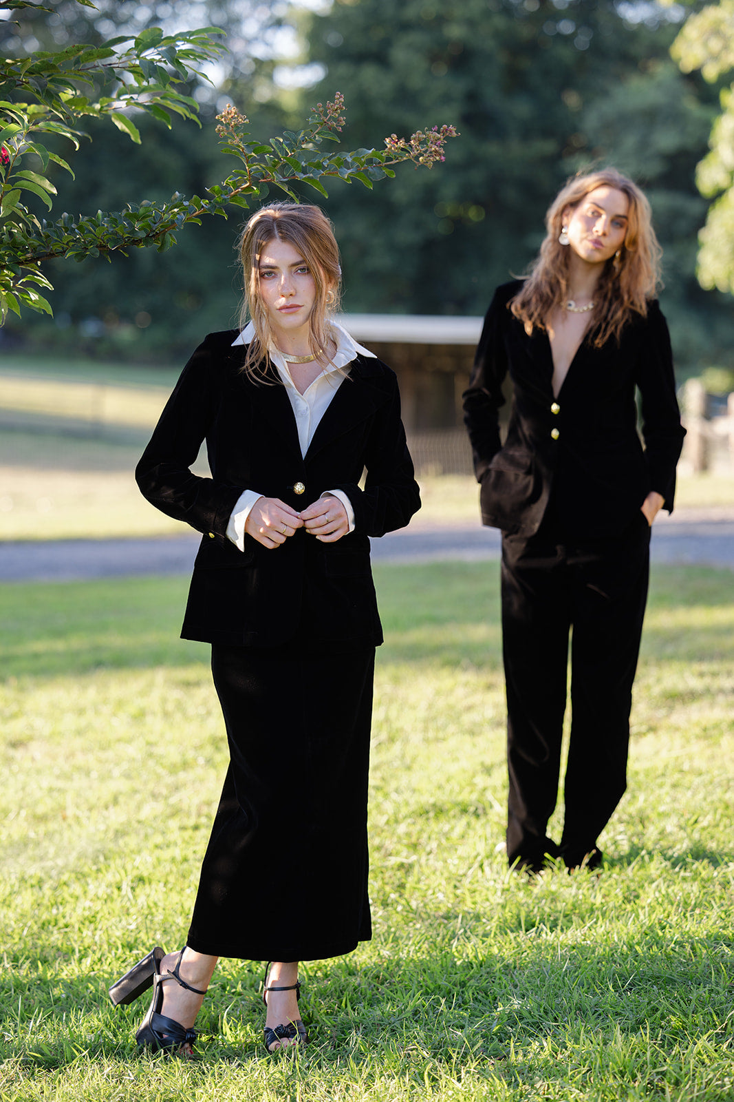 black velvet maxi skirt suit