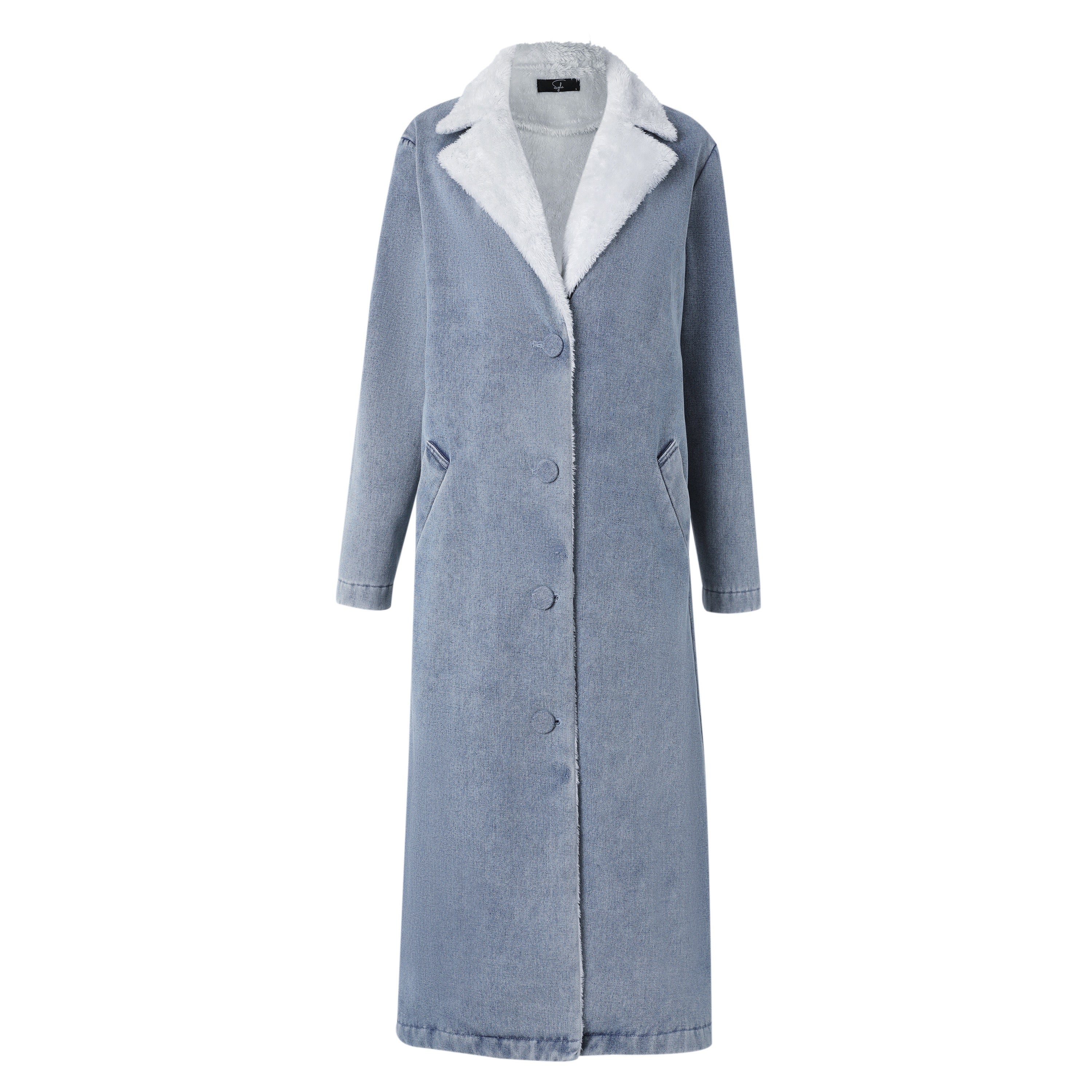 long denim shearling trench coat