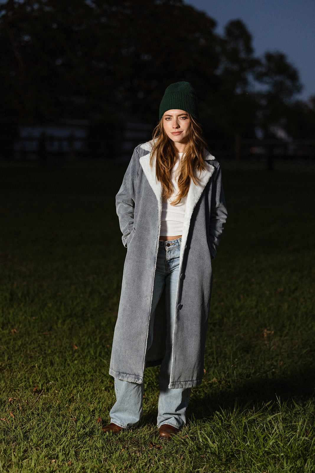 women's blue denim shearling trench coat