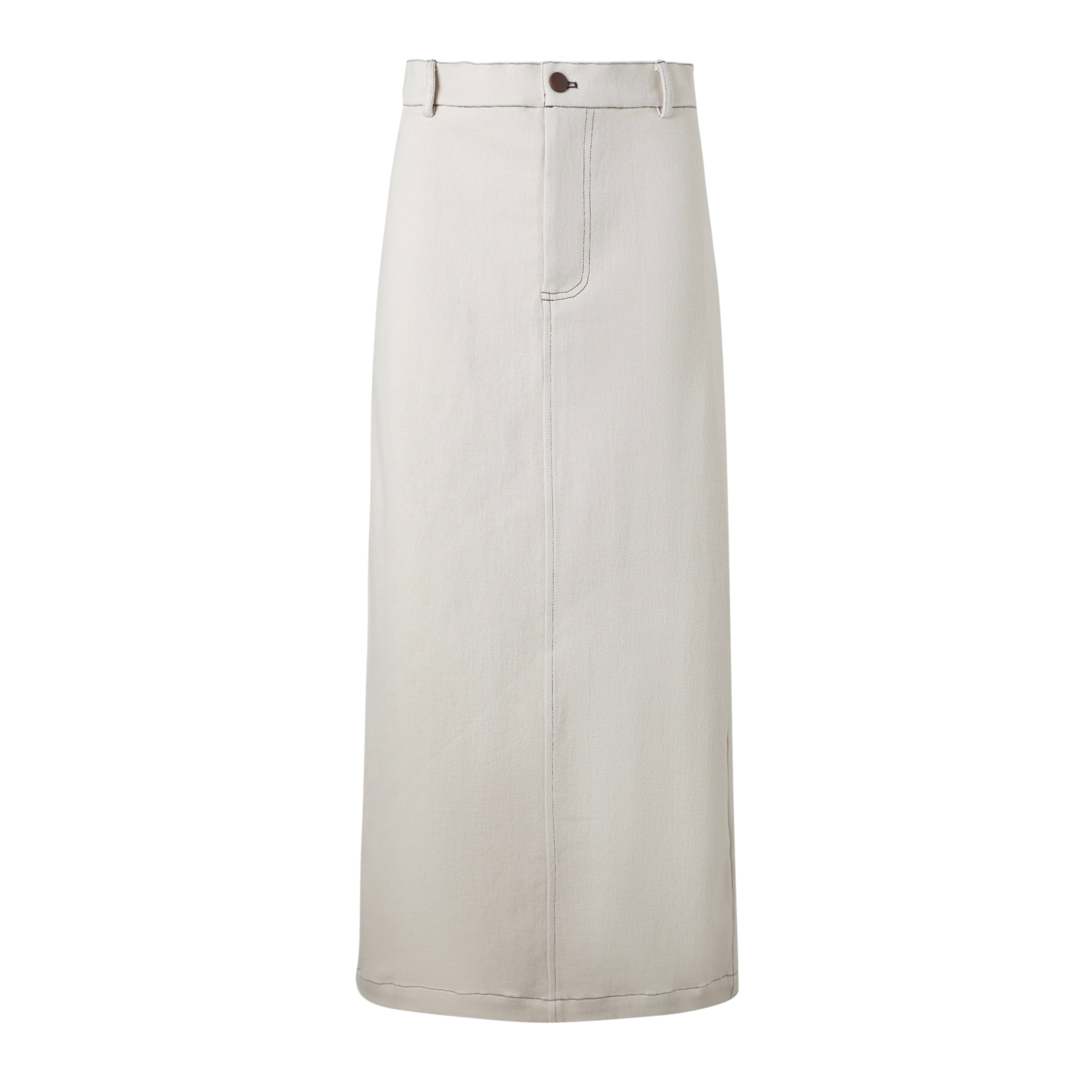 A bone denim maxi elastic skirt on a white background