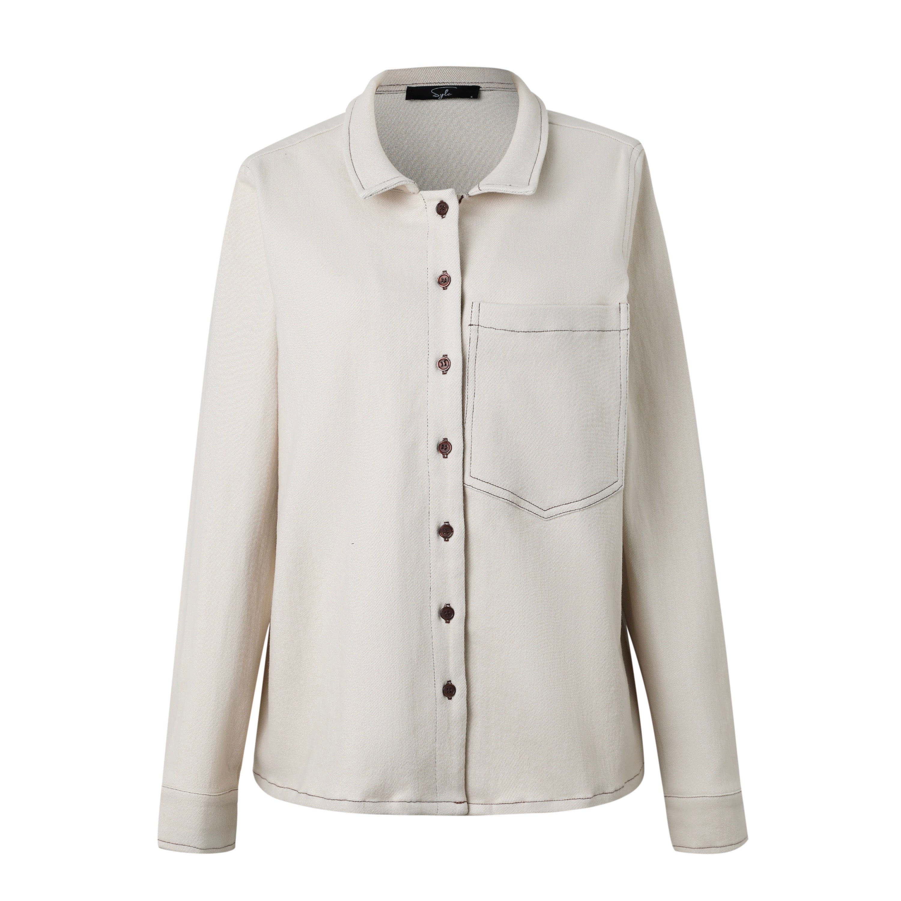 A bone denim long sleeve button-down shirt with front pocket, collar, and button-up front.