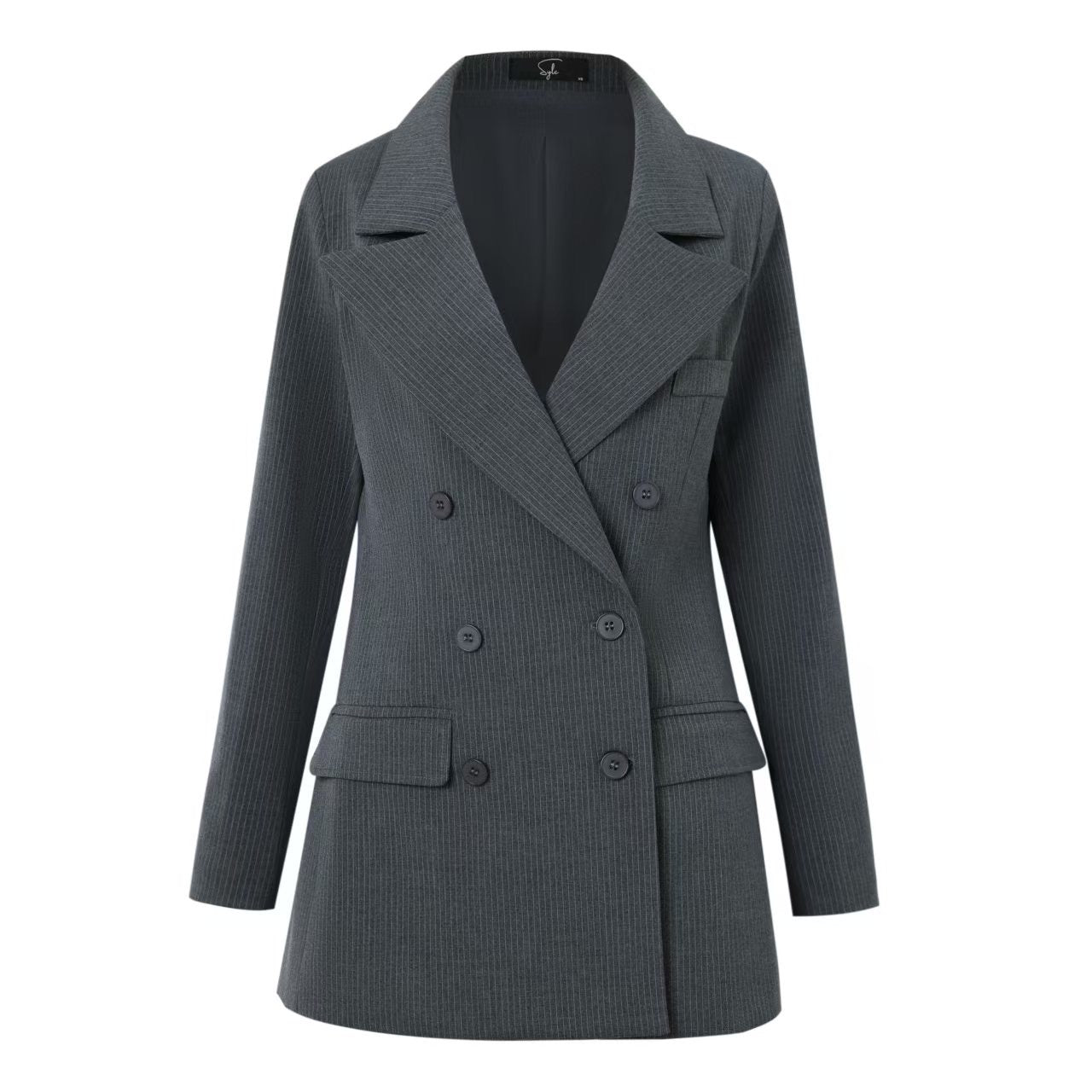 Gray double-breasted blazer on a white background