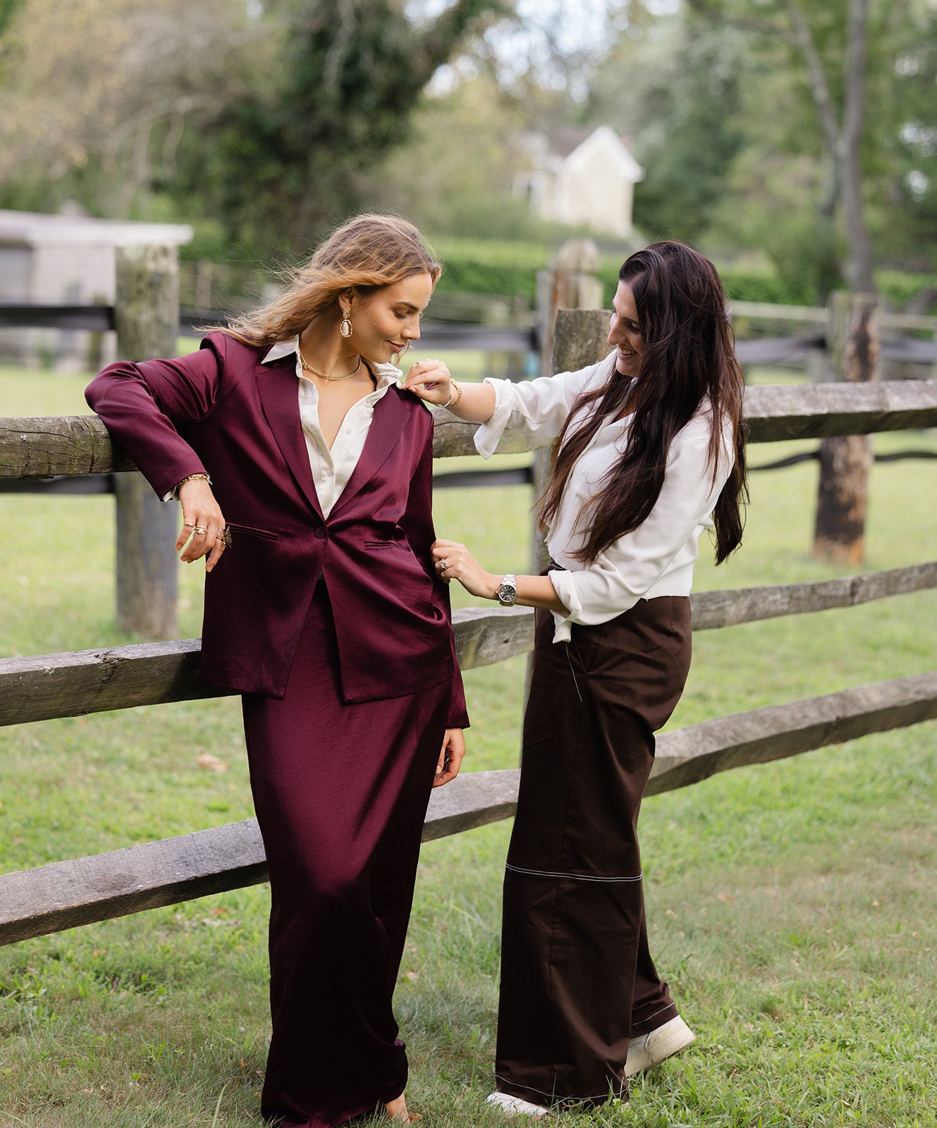 Women in Cabernet satin maxi skirt suit