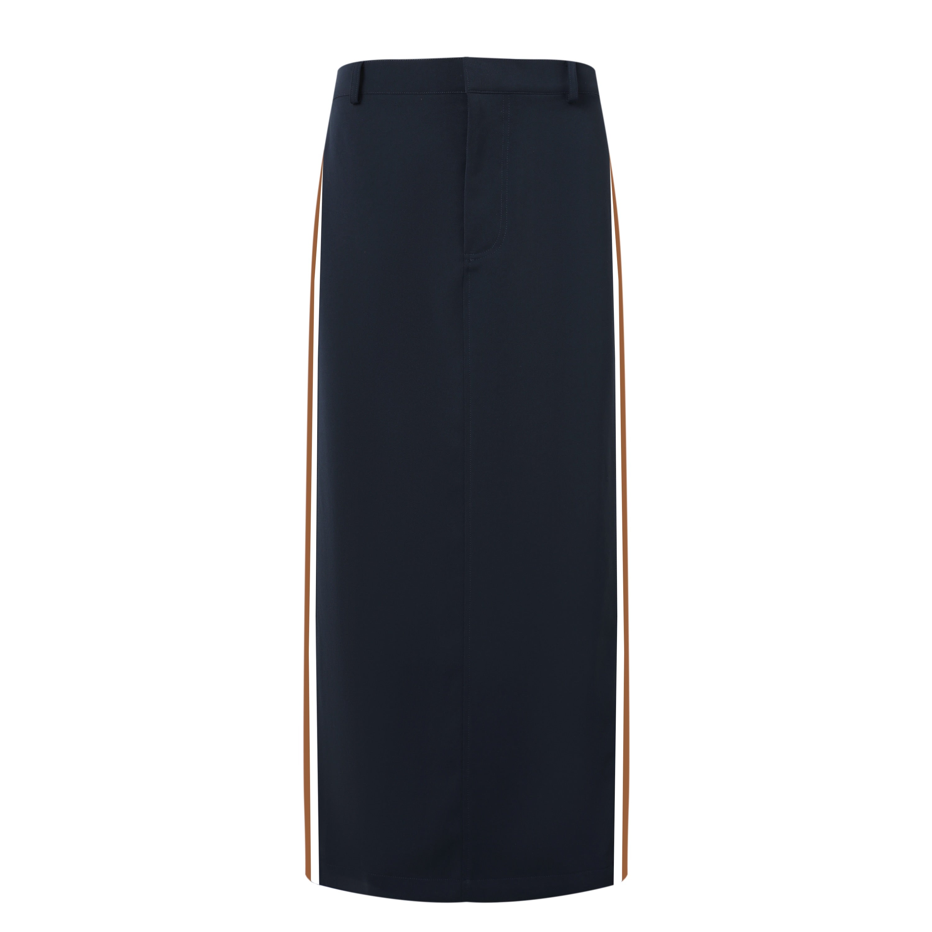 Navy blue skirt with a brown and white stripe on a white background