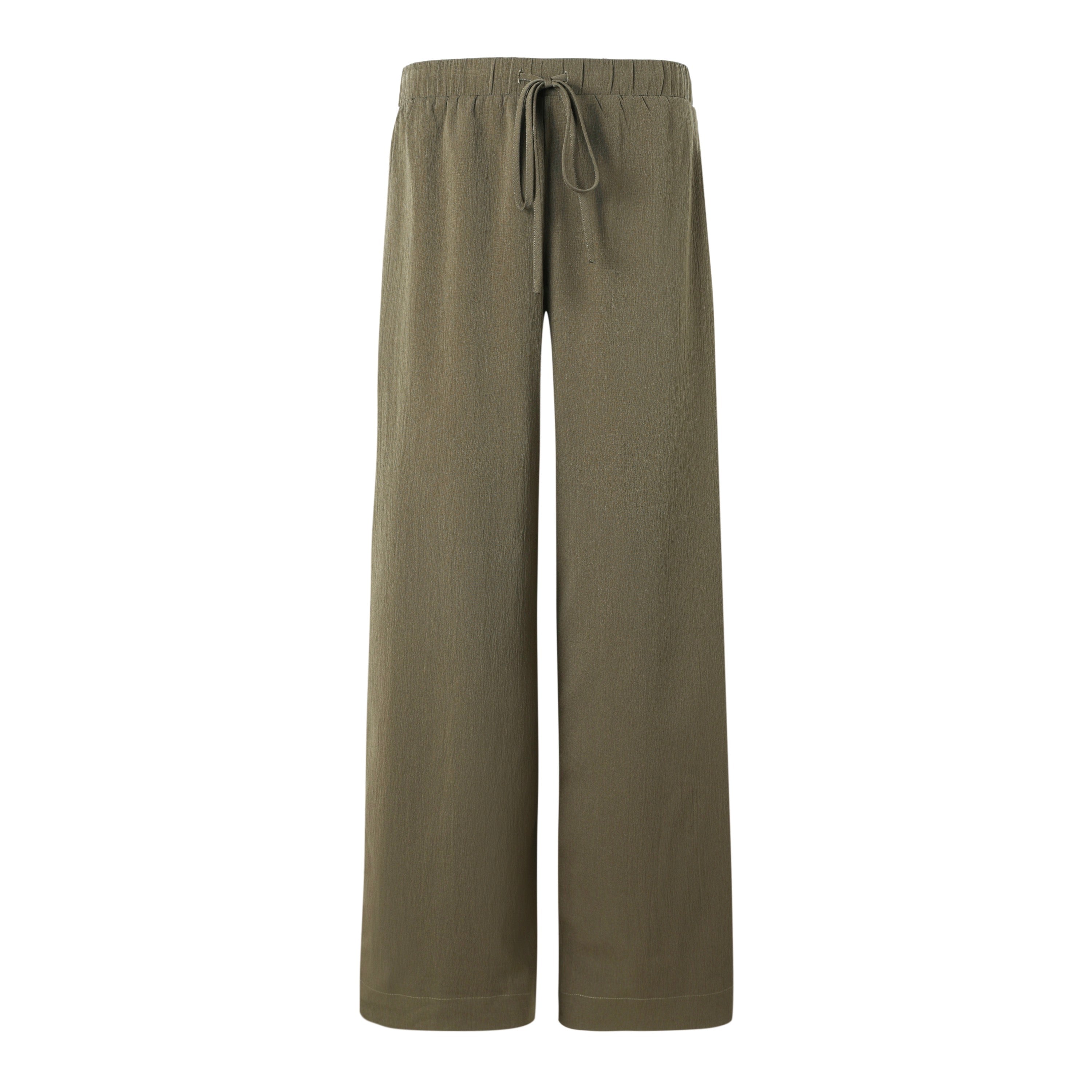 A pair of olive green elastic waistband pants with a drawstring, made from a textured fabric, presented against a plain background.