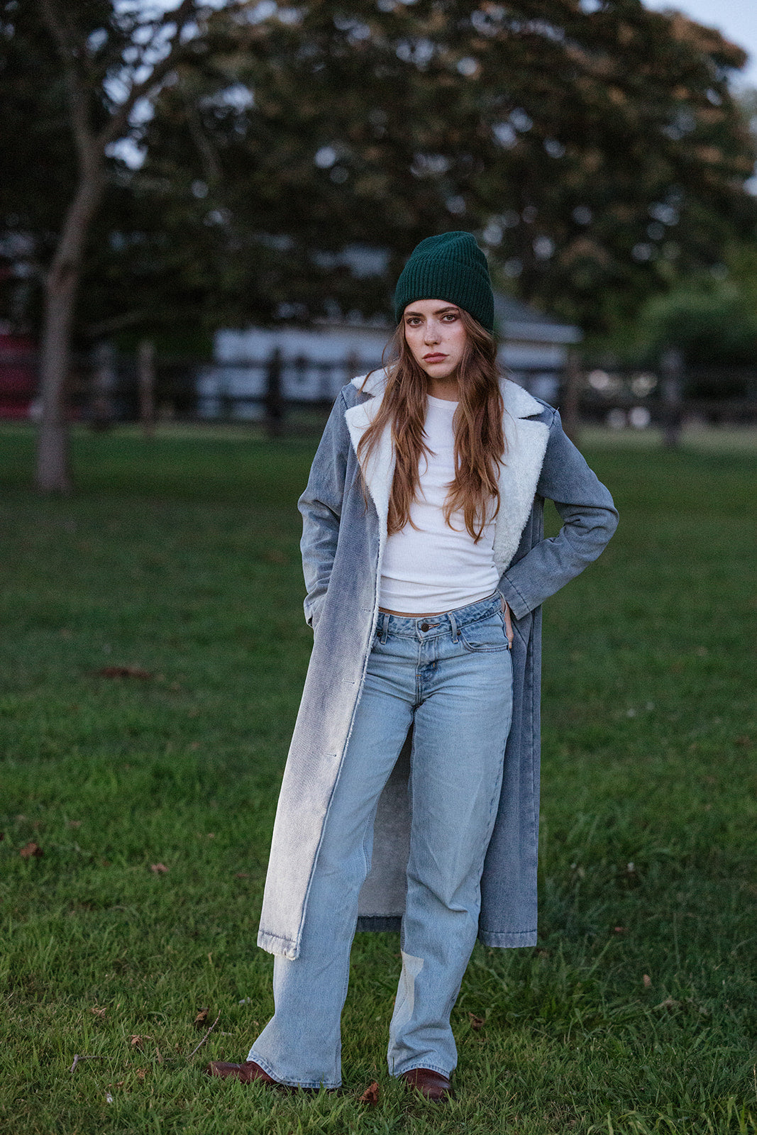 model wearing a shearling denim trench coat