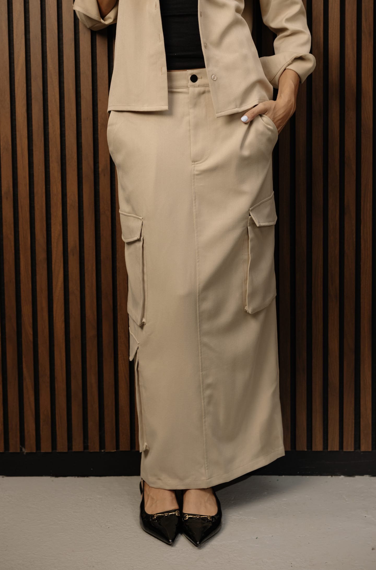 SYLC Designs Womens Beige Cotton Cargo Skirt