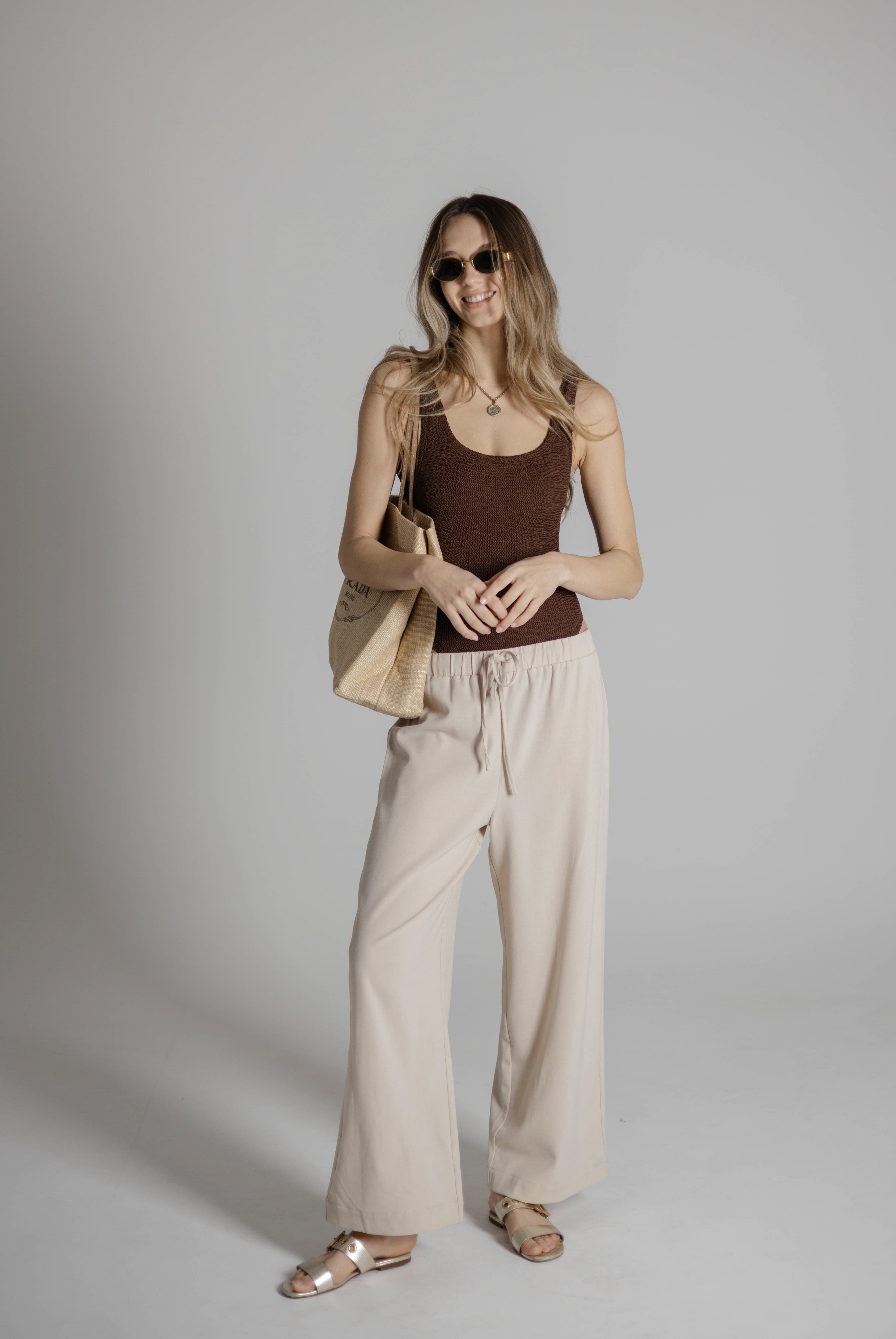 Sylc Designs Womens Beige Cotton Elastic Beach Pants