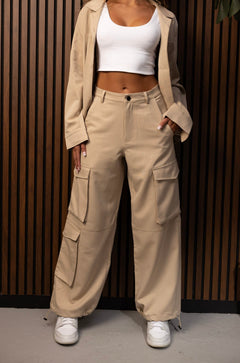SYLC Designs Womens Beige Cotton Wide leg Cargo