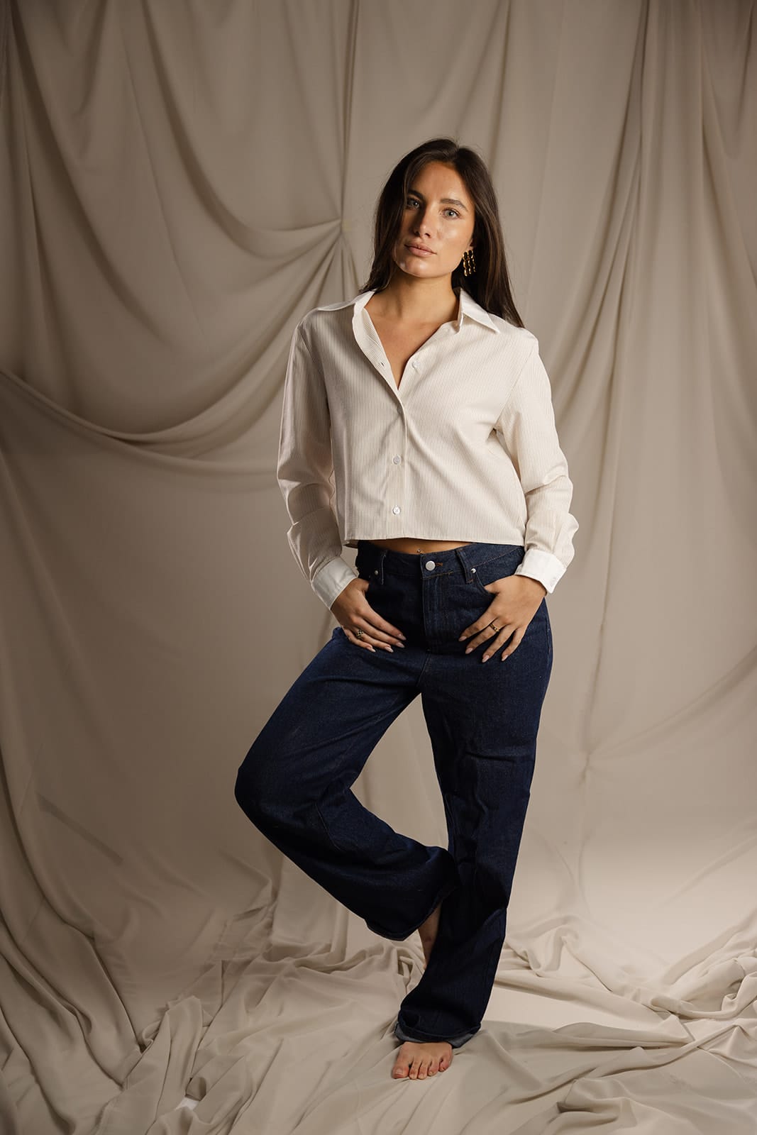 SYLC Designs Womens Beige Stripe Seersucker Button Down