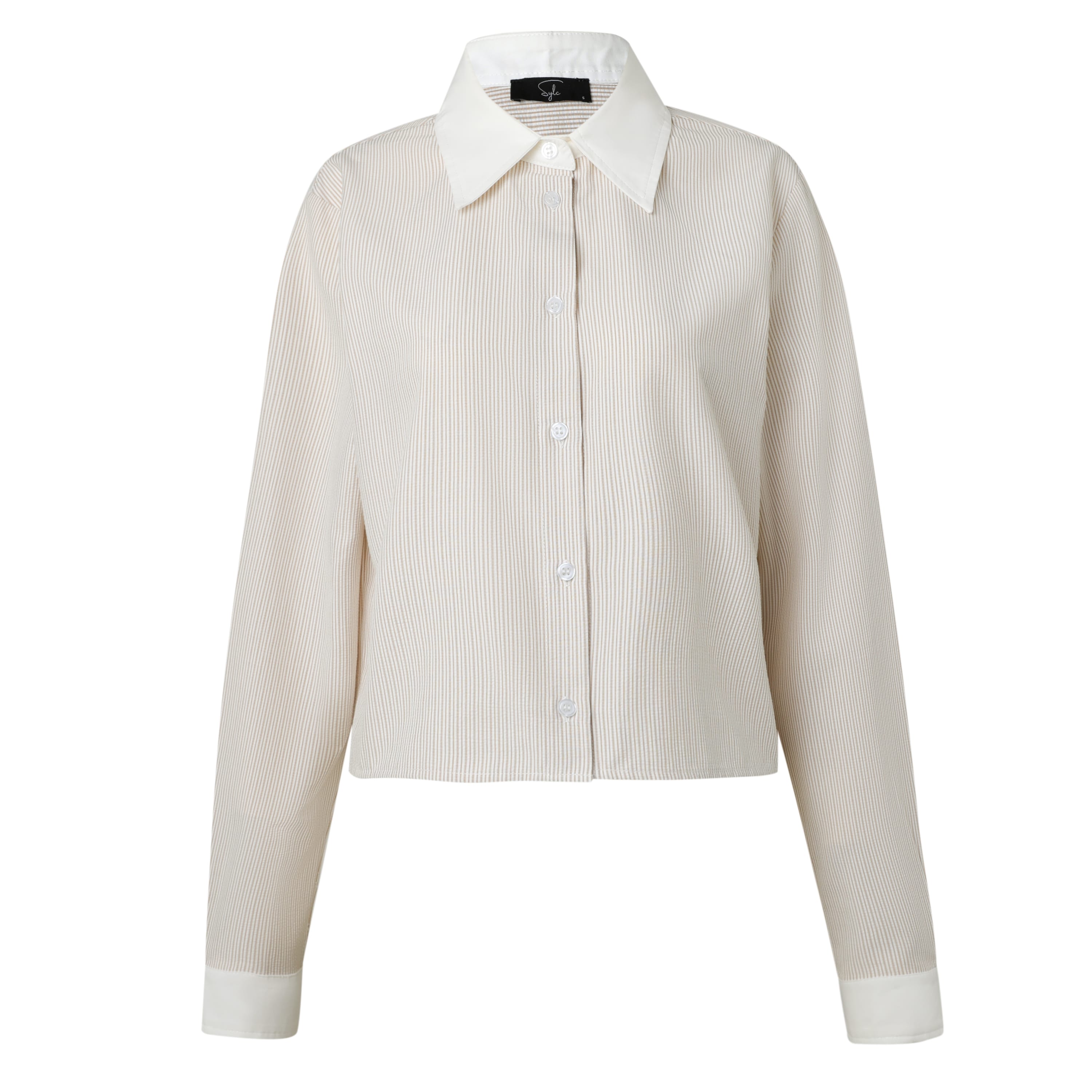SYLC Designs Womens Beige Stripe Seersucker Button Down