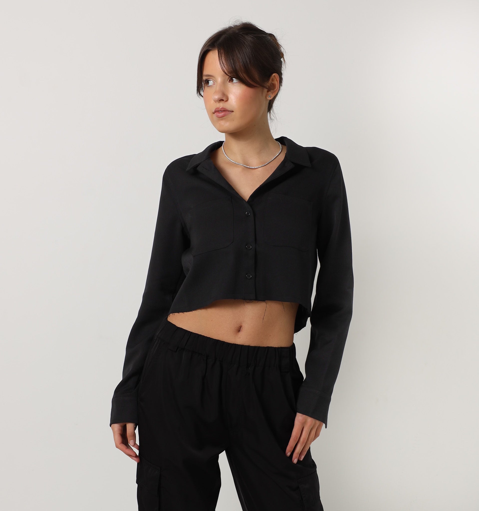 Sylc Designs Womens Black Cropped Cotton Button Down