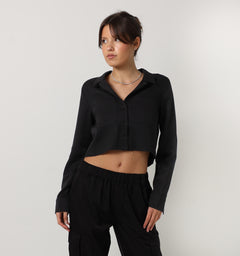 Sylc Designs Womens Black Cropped Cotton Button Down