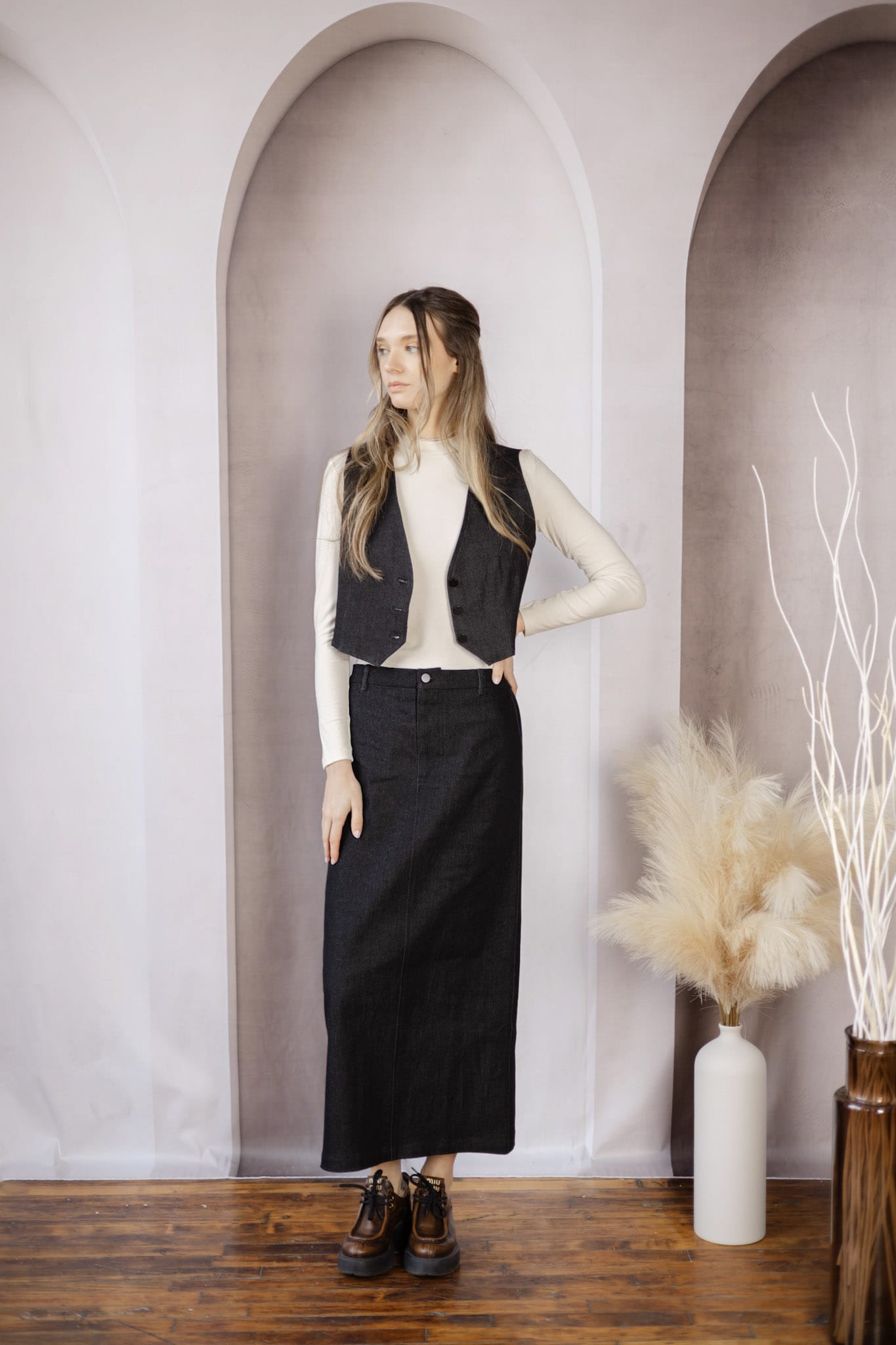 Sylc Designs Womens Black Denim Elastic Maxi Skirt