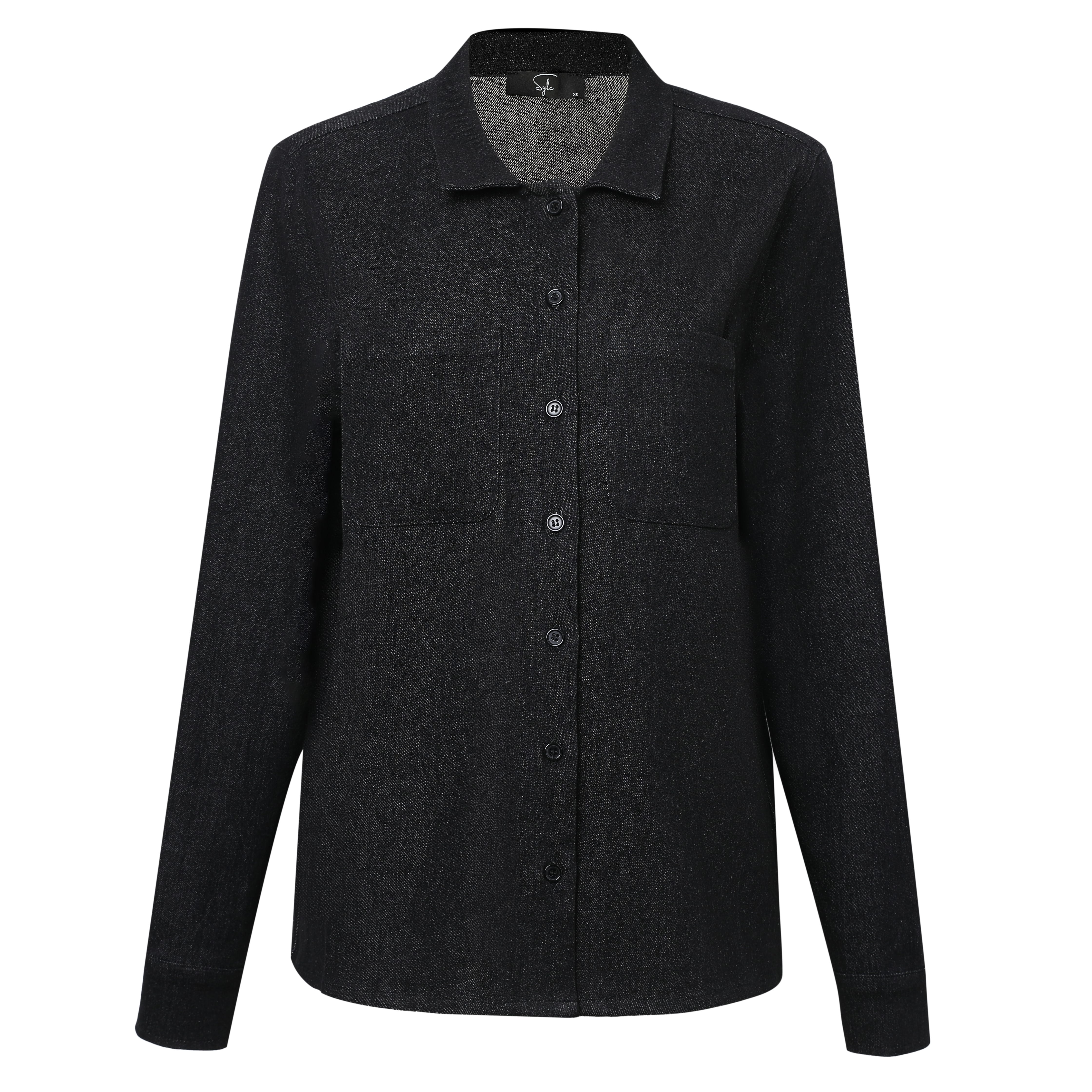 SYLC Designs Womens Black Denim Long Sleeve Button Down