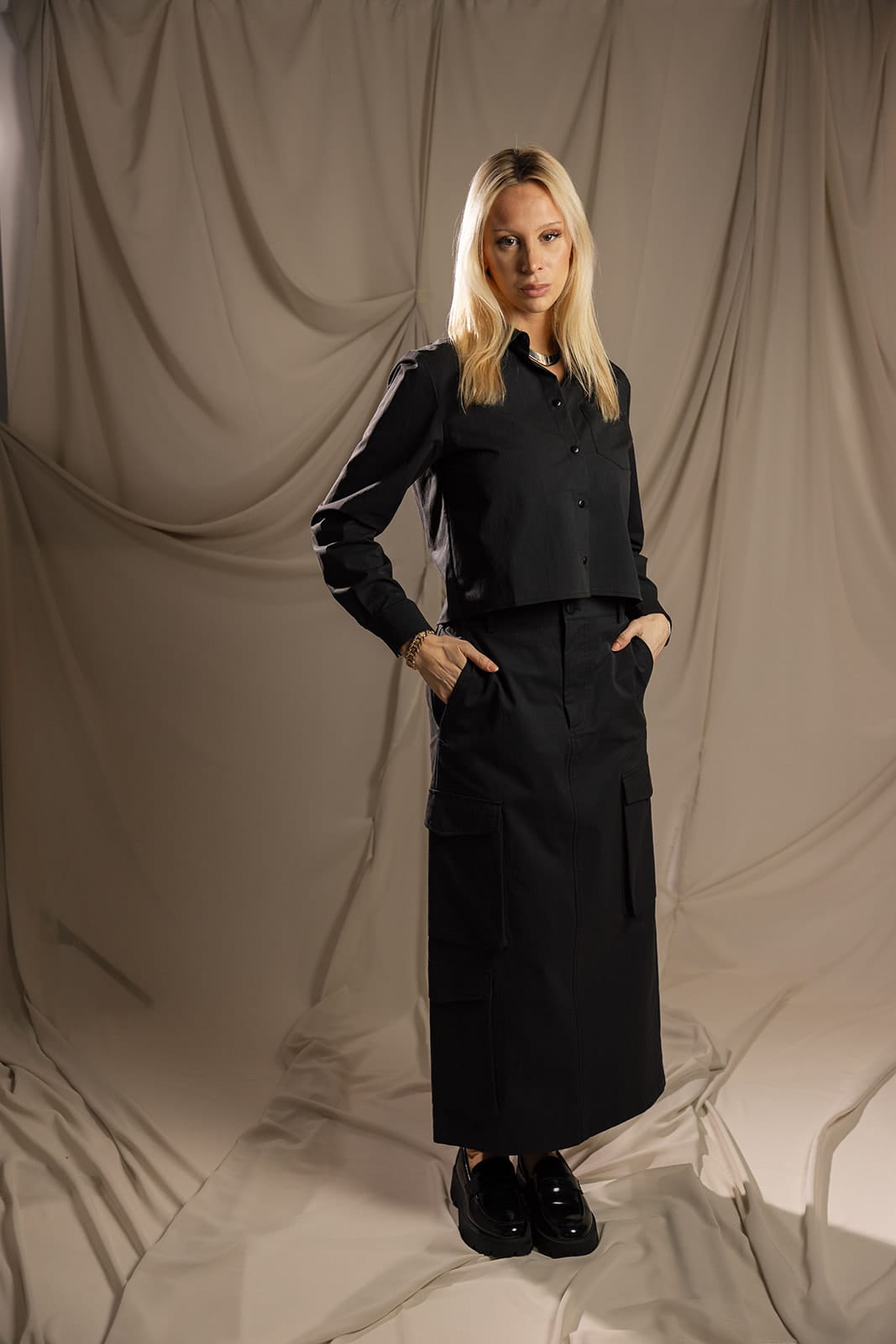 SYLC Designs Womens Black Nylon Cargo Maxi Skirt