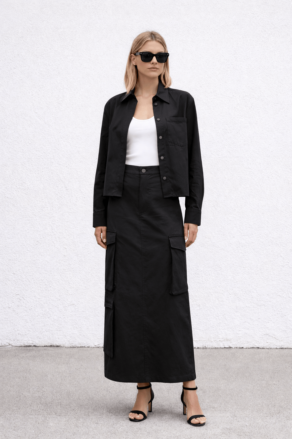SYLC Designs Womens Black Nylon Cargo Maxi Skirt