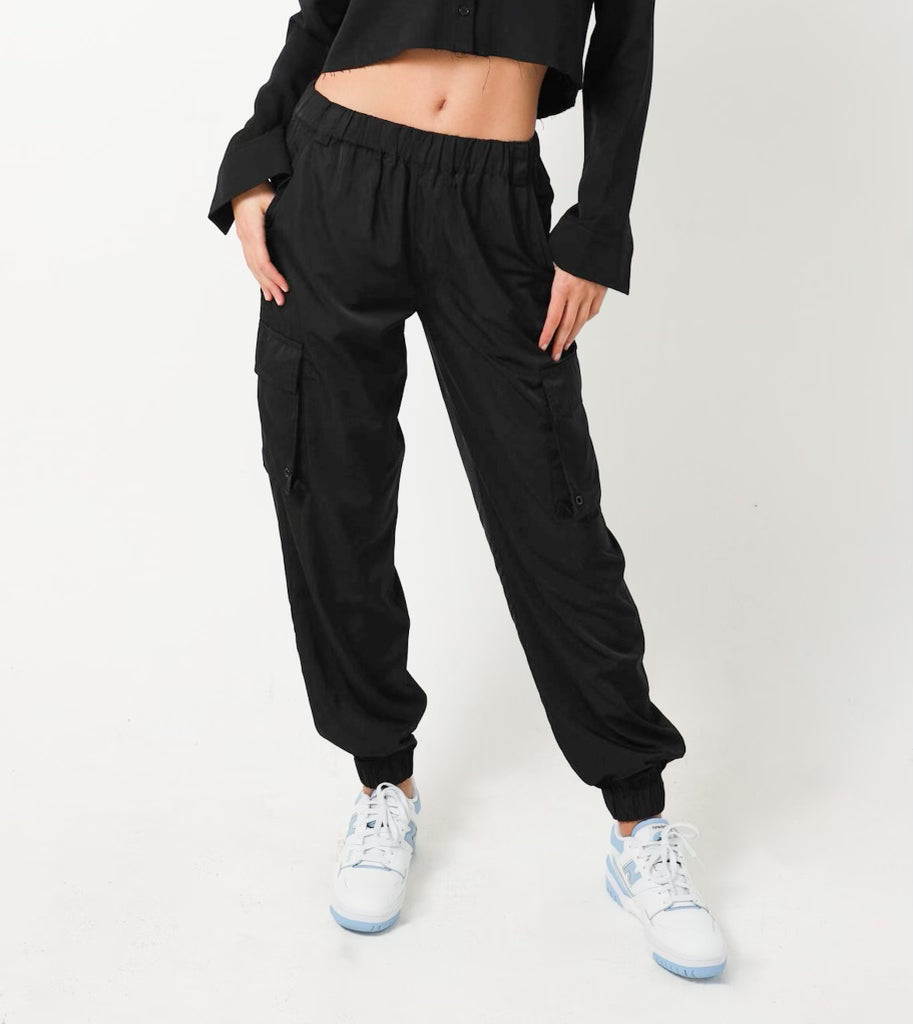 Sylc Designs Womens Black Nylon Cargo Pants