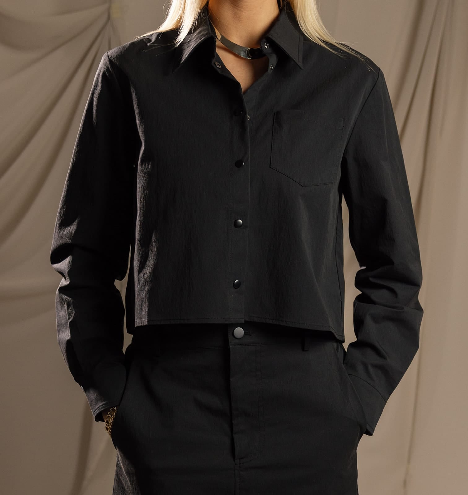 SYLC Designs Womens Black Nylon Snap Button Down