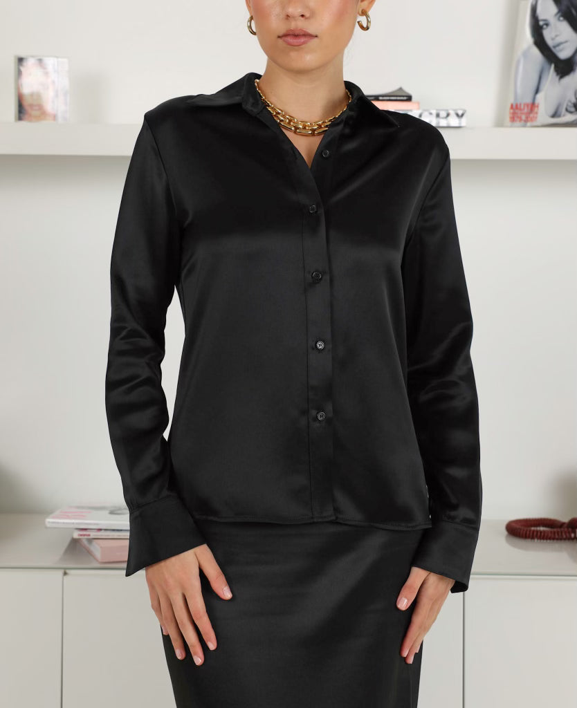 Sylc Designs Womens Black Satin Button Down