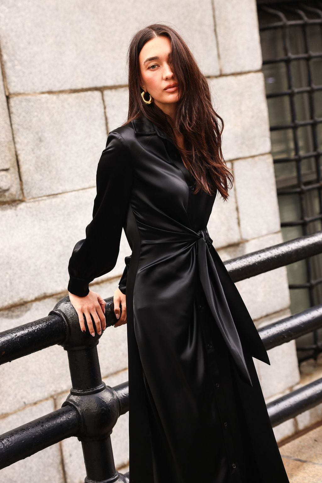 SYLC Designs Womens Black Satin Wrap Maxi Dress