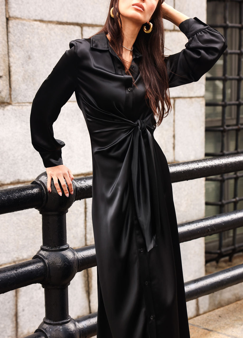 SYLC Designs Womens Black Satin Wrap Maxi Dress