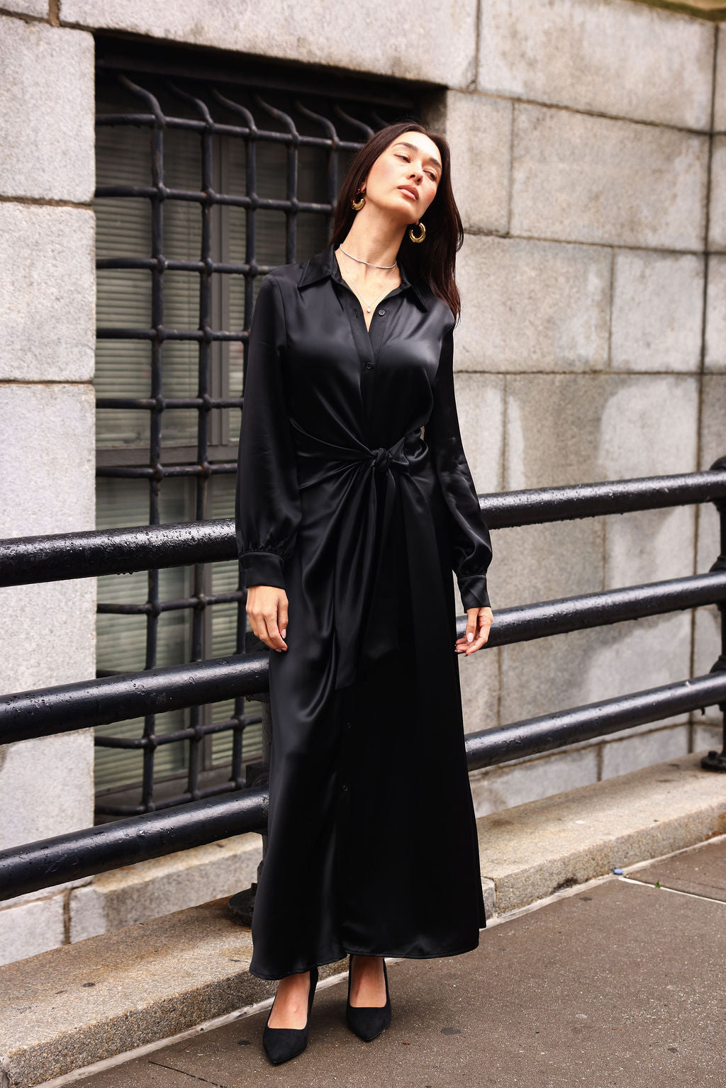 SYLC Designs Womens Black Satin Wrap Maxi Dress